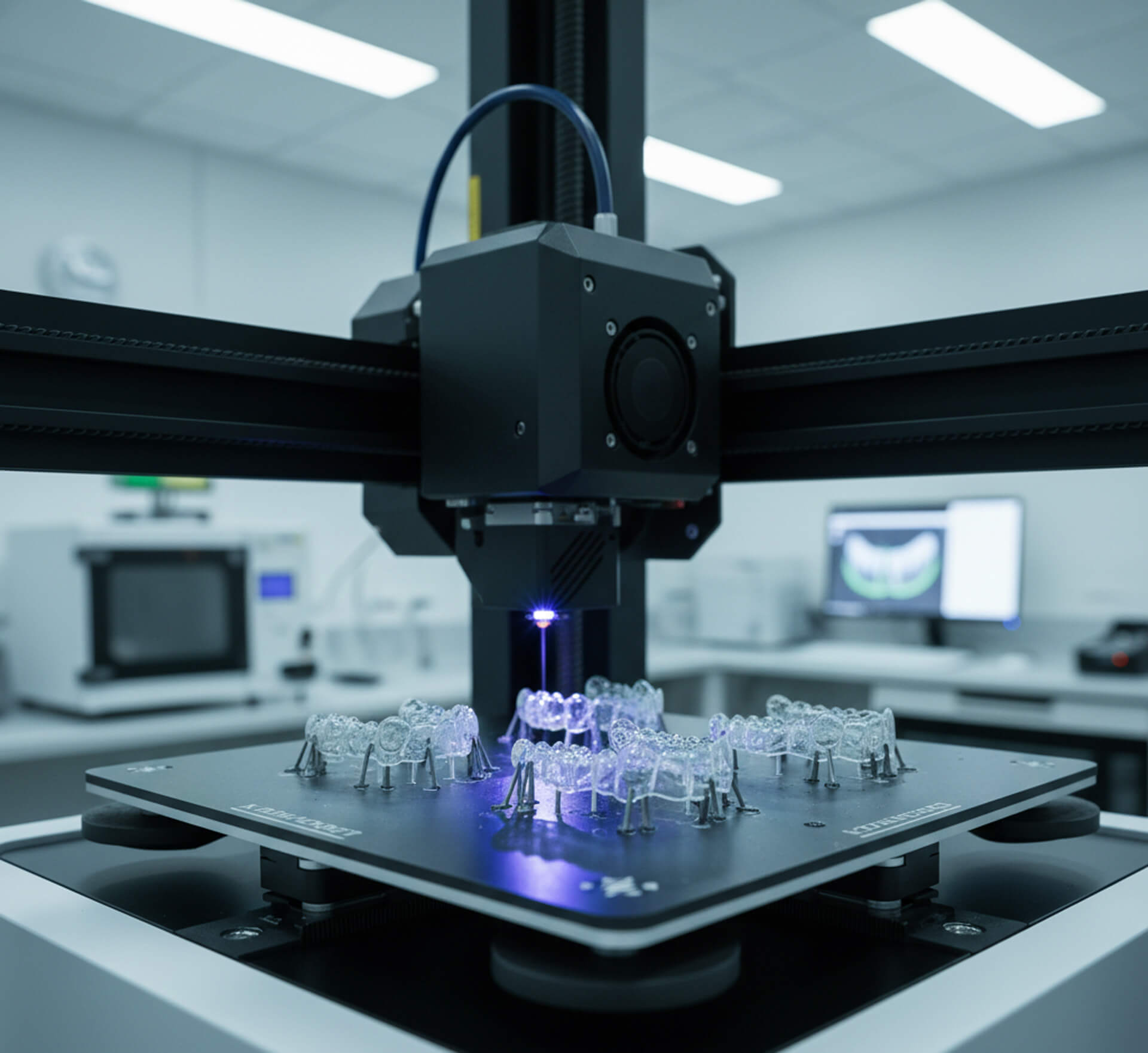 3D printer creating transparent dental restorations in a modern lab setting, showcasing advanced technology for precise, custom dental solutions.