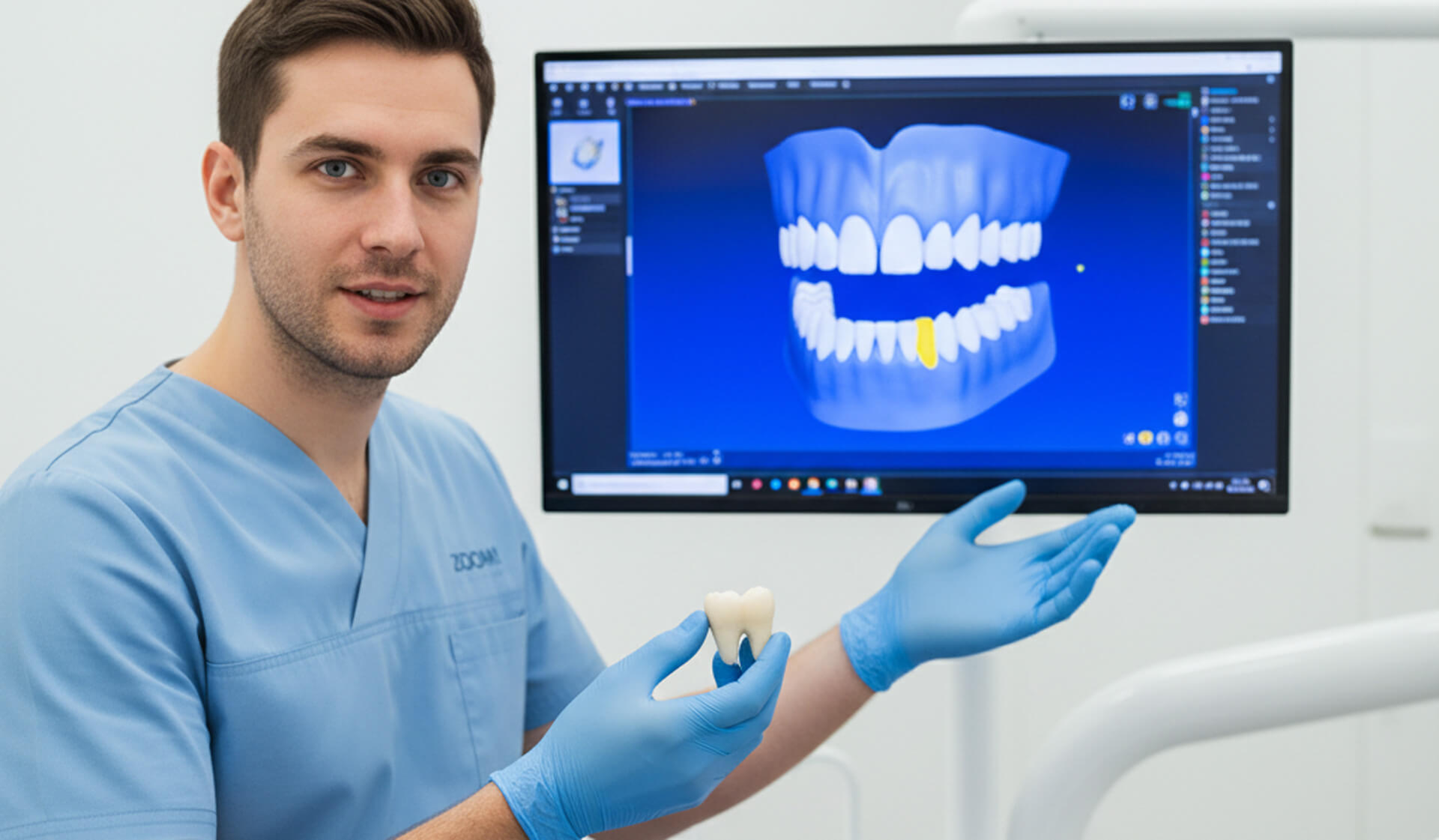 Dental professional in scrubs holding a 3D-printed tooth model, explaining dental restoration process with a digital display of teeth on a monitor, highlighting 3D printing technology in dental care.