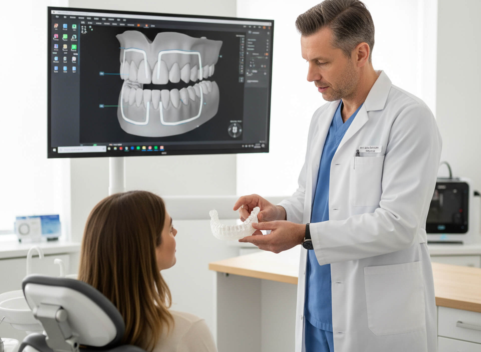 Dentist explaining 3D-printed dental model to patient, with digital imaging of teeth displayed on monitor, highlighting advanced dental technology at MY Family Dental in West Chester, PA.