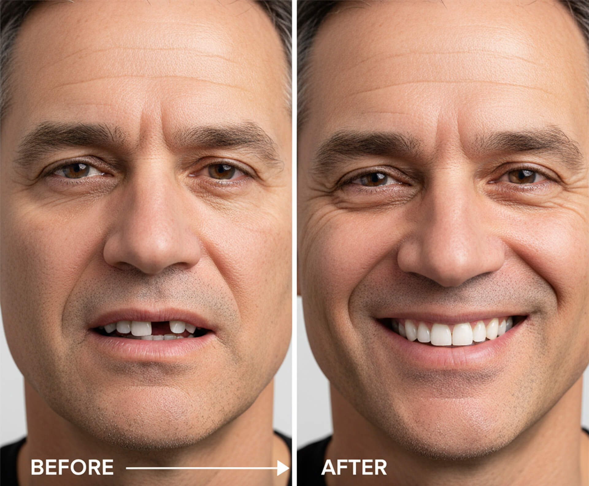 Before and after images of a man showcasing the transformative results of All-On-X dental implant treatment, highlighting a confident smile with full teeth restoration.