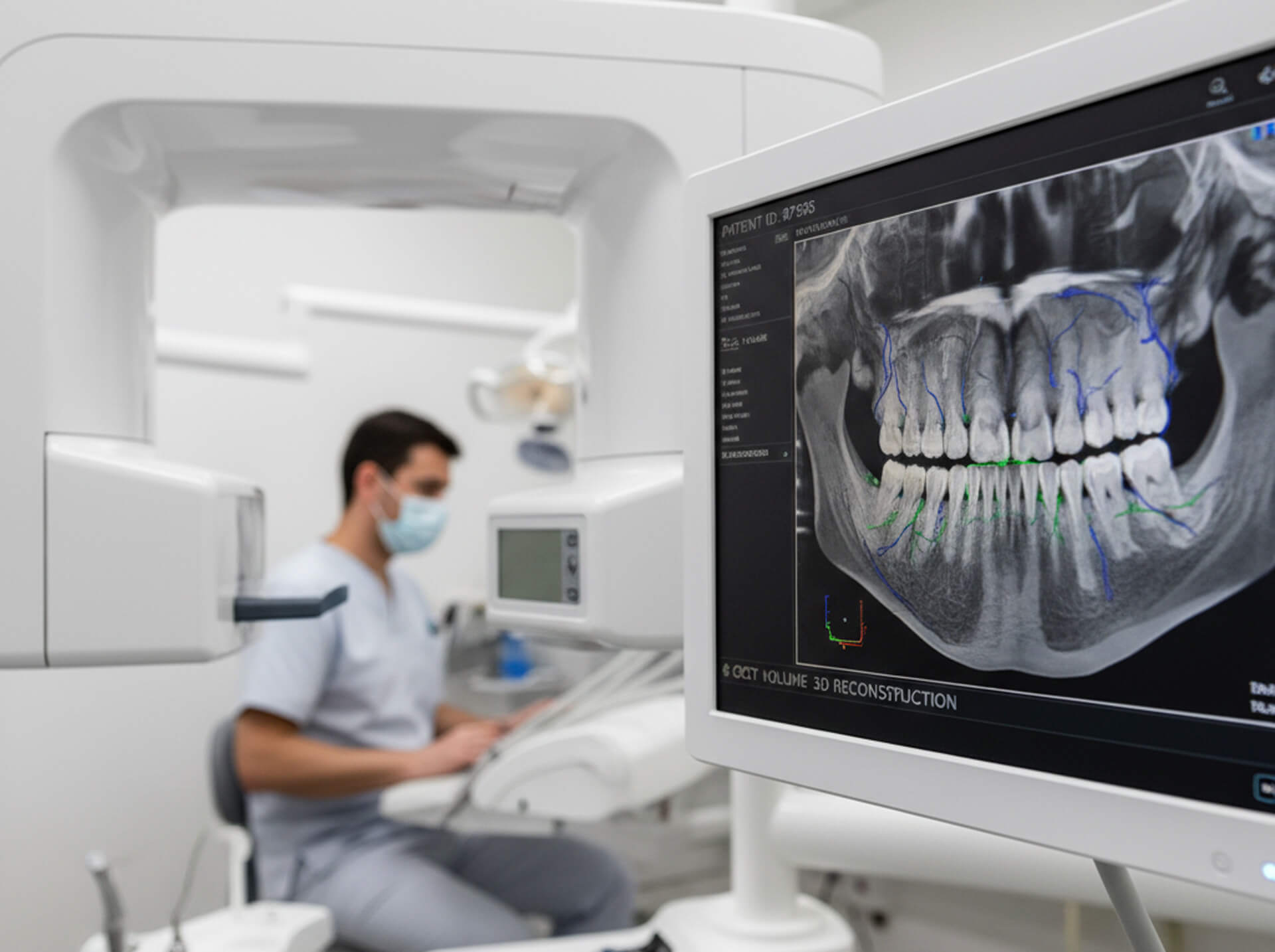 Dental professional working with CBCT technology, displaying 3D imaging of teeth and jaw on monitor, highlighting advanced diagnostic capabilities for treatment planning at MY Family Dentistry in West Chester, PA.