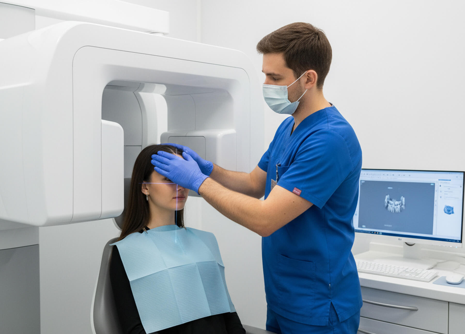 Dental professional assisting a patient with CBCT imaging, featuring advanced dental technology and a computer displaying 3D scans for accurate diagnostics and treatment planning.
