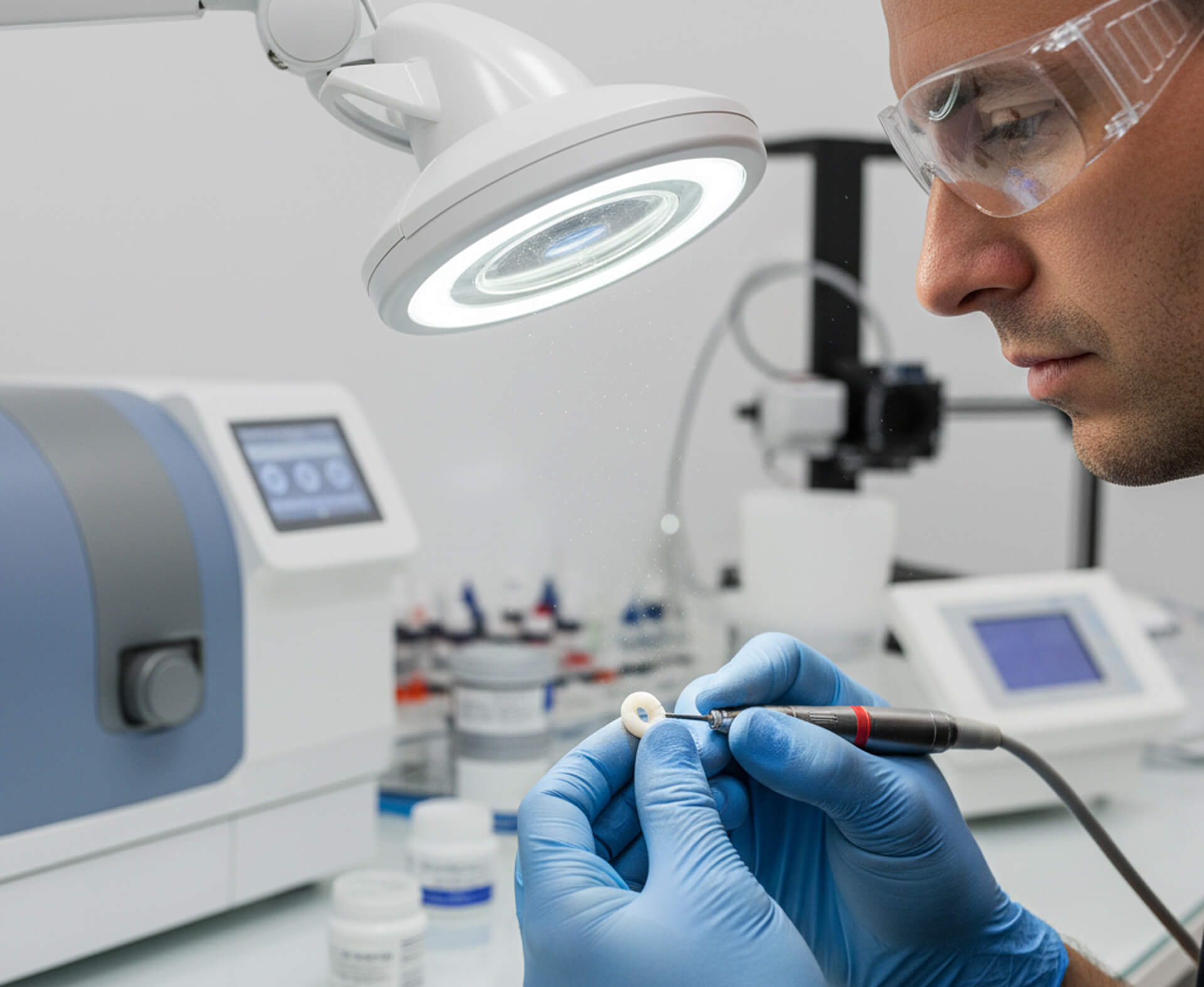 Dental technician working on a ceramic crown under a magnifying lamp, showcasing precision in dental restoration at MY Family Dental.