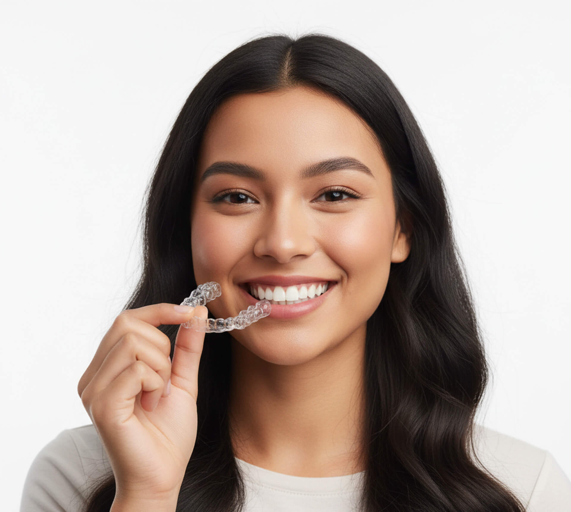 Smiling woman holding clear aligners, showcasing comfort and invisibility, emphasizing modern orthodontic solutions for achieving straighter smiles.