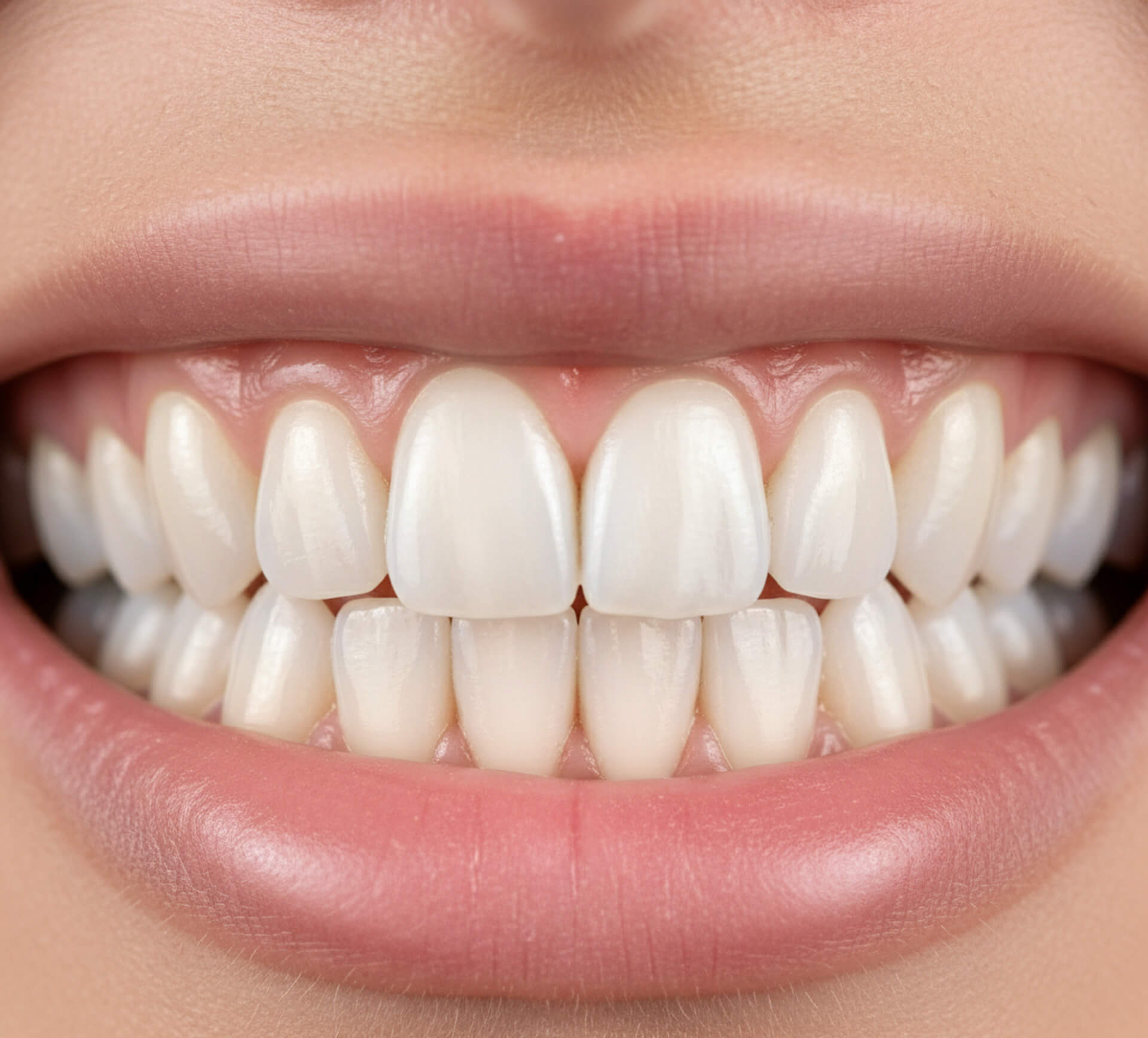 Close-up of a bright, white smile showcasing straight teeth, highlighting cosmetic dentistry results and dental aesthetics.