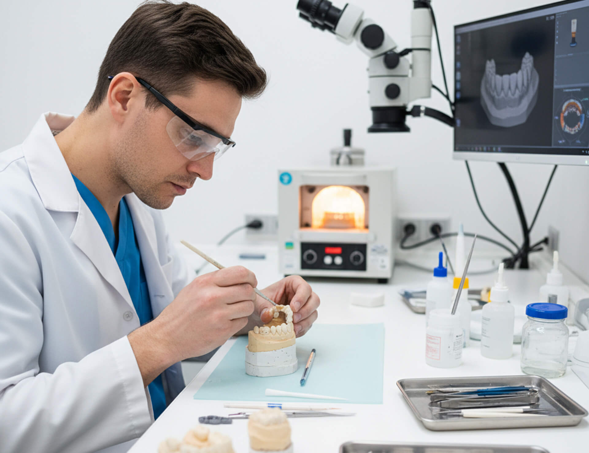 Dental technician crafting a dental bridge model with precision tools in a modern dental lab, showcasing advanced technology and attention to detail for personalized dental restorations.