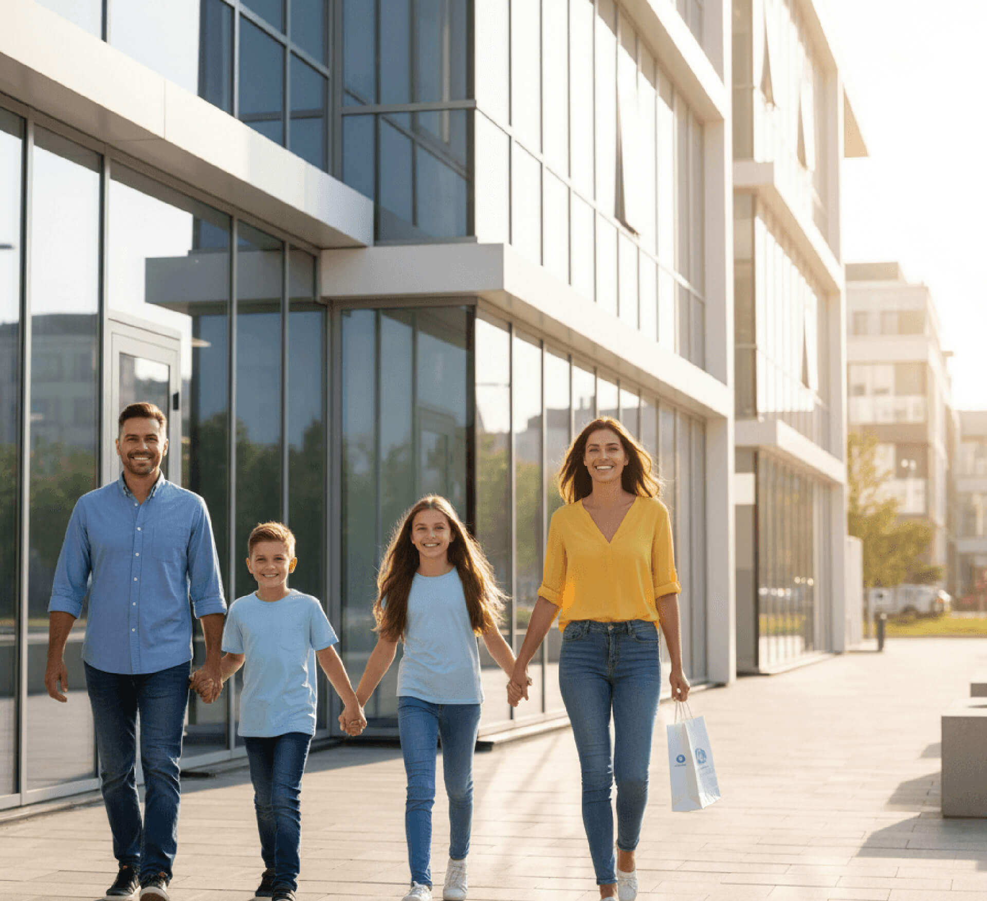 Family walking together outside a modern building, smiling and enjoying time together, promoting family health and wellness.