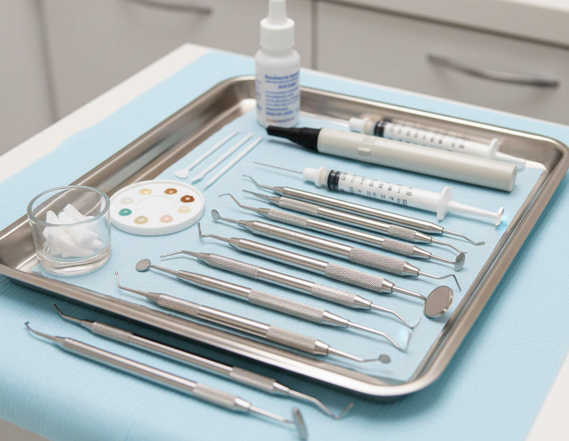 Dental instruments and tools arranged on a stainless steel tray, including syringes, dental mirrors, and cotton rolls, set against a light blue background, highlighting a professional dental environment for dental fillings.