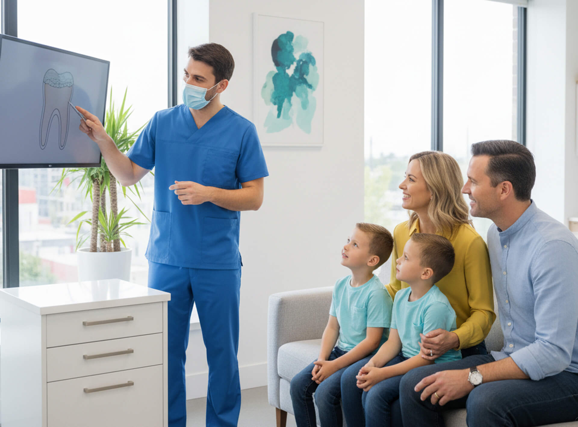 Dentist in blue scrubs explaining dental sealants to a family with two children in a modern dental office setting.