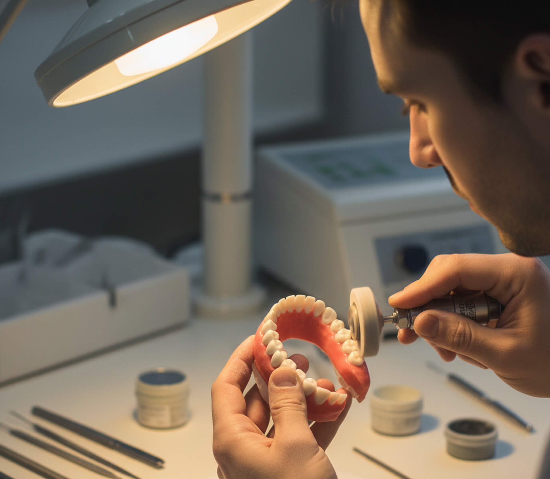 Dental technician crafting personalized dentures with precision tools in a dental lab setting, emphasizing expert craftsmanship and advanced materials for comfort and natural appearance.