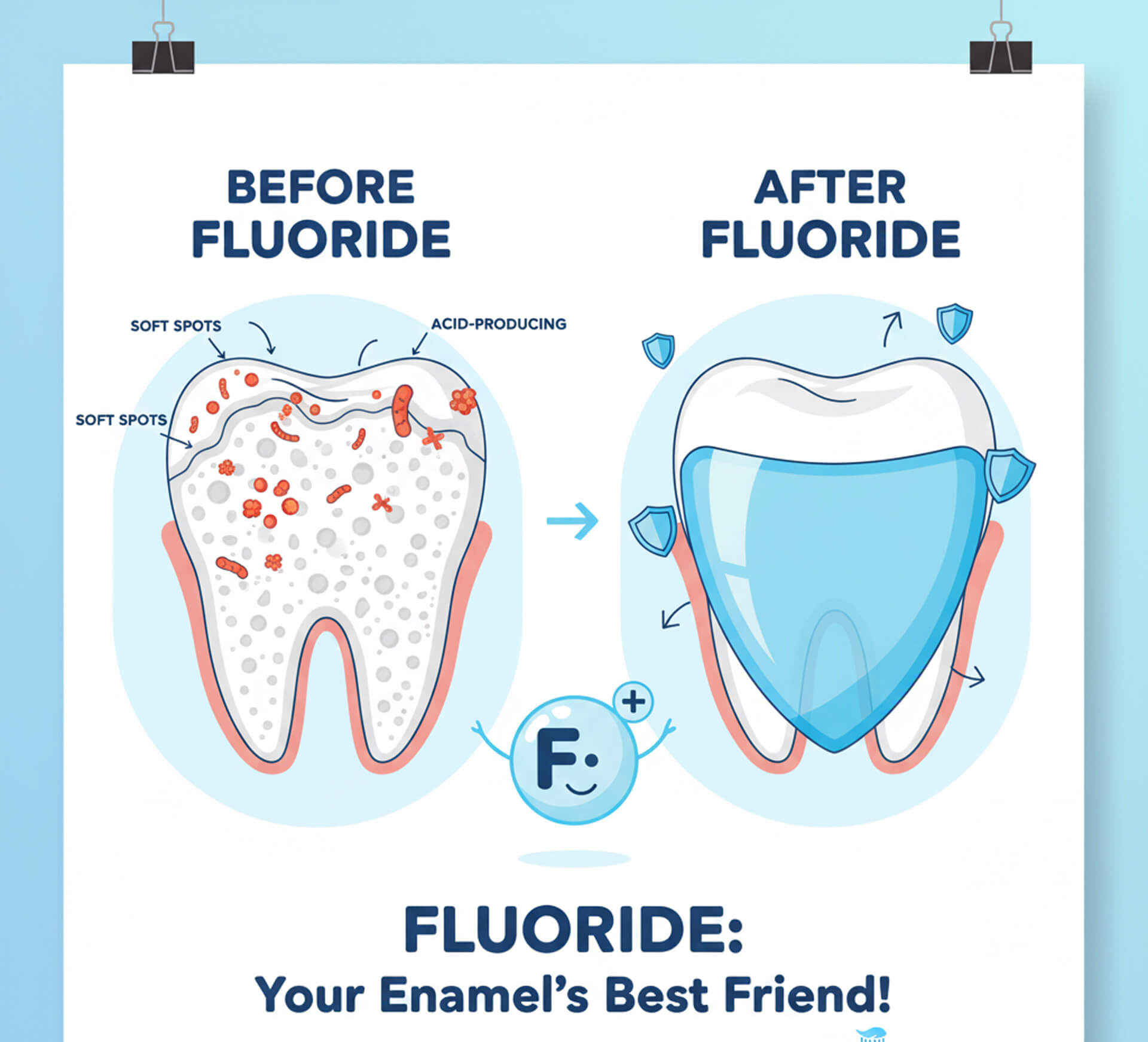 Illustration comparing tooth condition before and after fluoride treatment, highlighting soft spots and acid-producing bacteria on the left, and a protective shield around a strengthened tooth on the right, promoting fluoride's role in enamel health and cavity prevention.