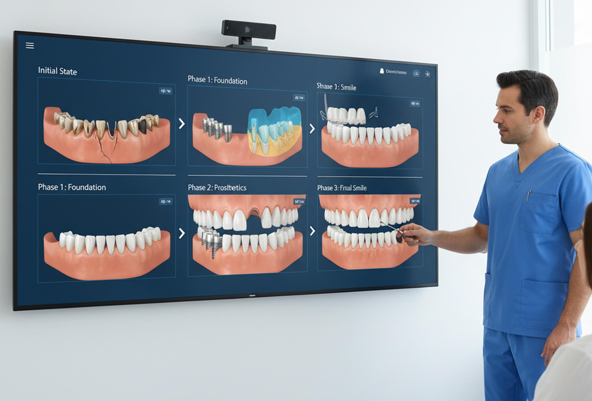 Dental professional explaining Full Mouth Reconstruction phases on a screen displaying initial state, foundation, prosthetics, and final smile outcomes.