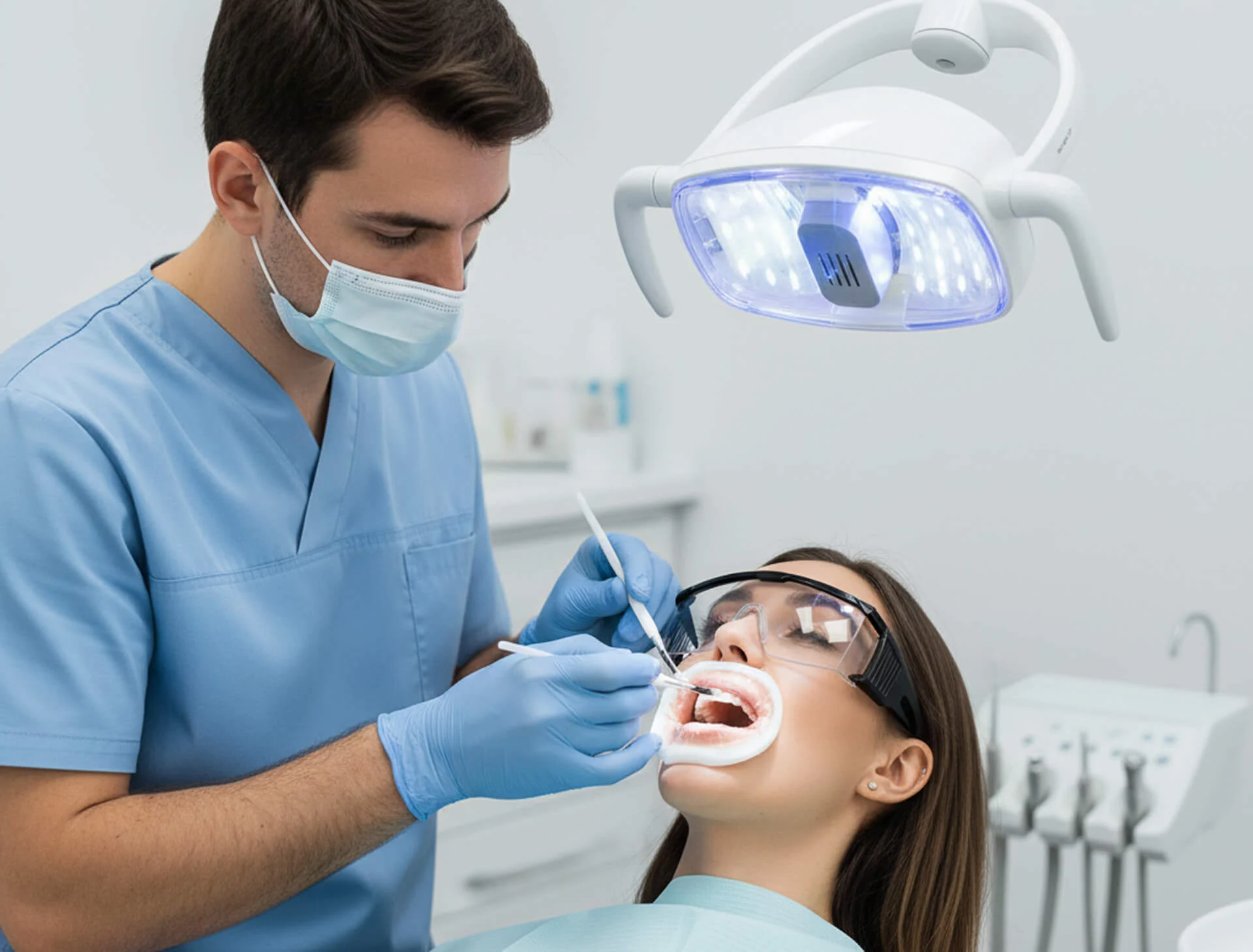 Dentist performing teeth whitening procedure on patient in dental office, featuring dental tools and bright lighting for enhanced visibility.