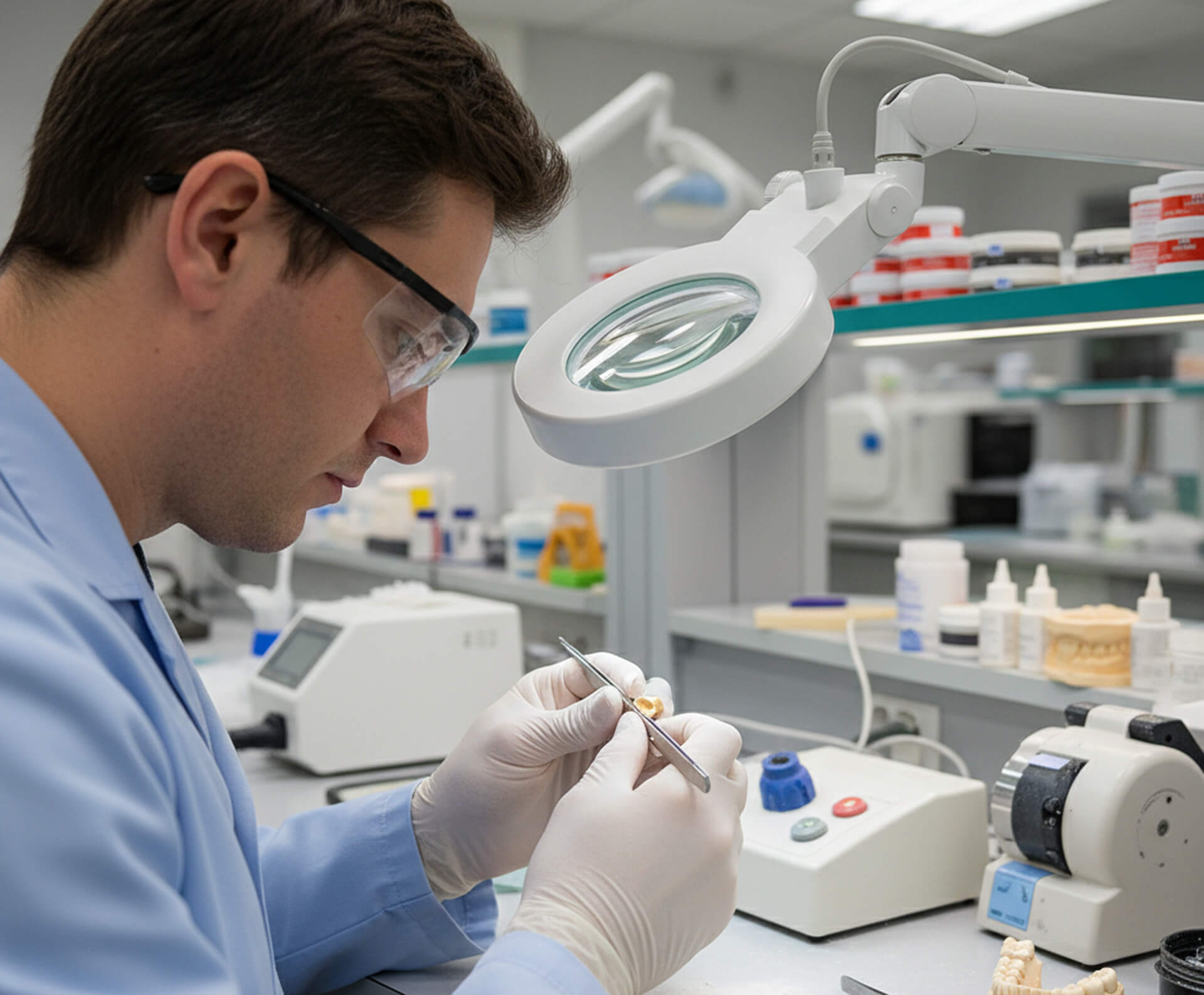 Dental technician working meticulously on custom Inlays and Onlays under a magnifying lamp in a modern dental lab, surrounded by dental materials and equipment.