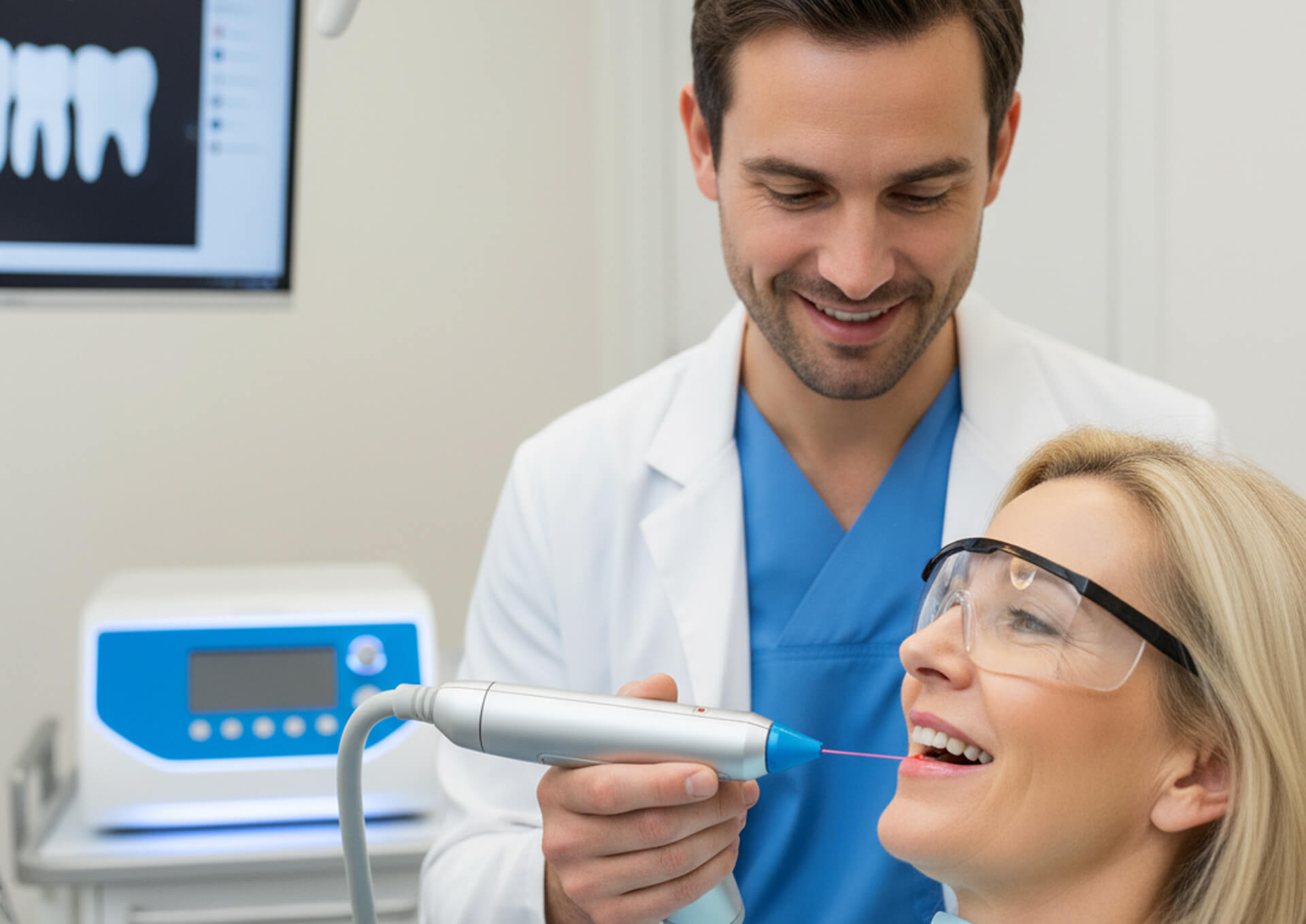 Dentist using laser technology on patient during a dental procedure, showcasing modern laser dentistry for enhanced comfort and precision in oral care.