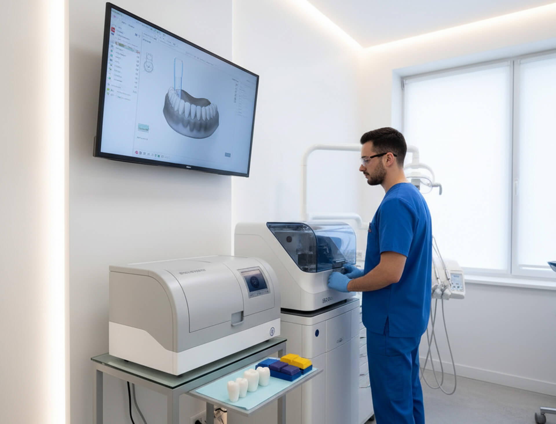 Dental professional using CAD/CAM technology to design and create same-day crowns in a modern dental office, with a digital screen displaying a crown model.