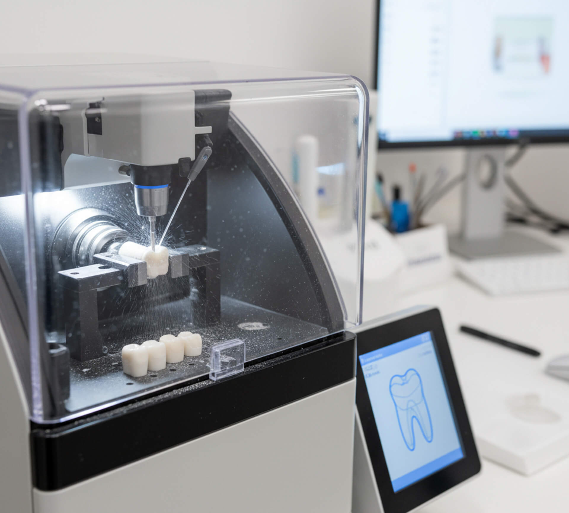 CAD/CAM dental milling machine in action, creating custom crowns for same-day delivery at MY Family Dental, showcasing advanced technology for efficient tooth restoration.