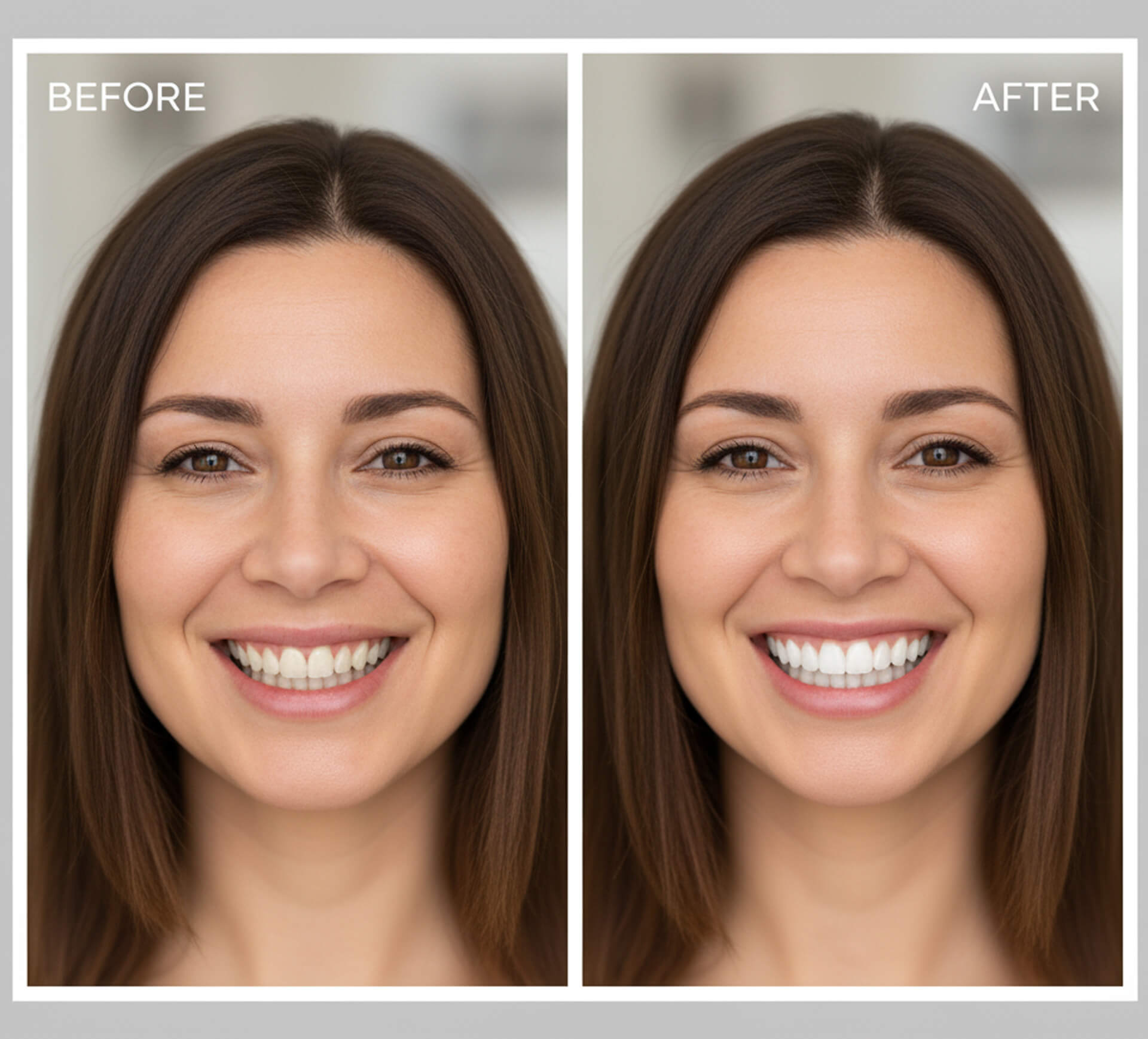 Before and after images of a woman showcasing a smile transformation with porcelain veneers, highlighting improved tooth color and alignment.