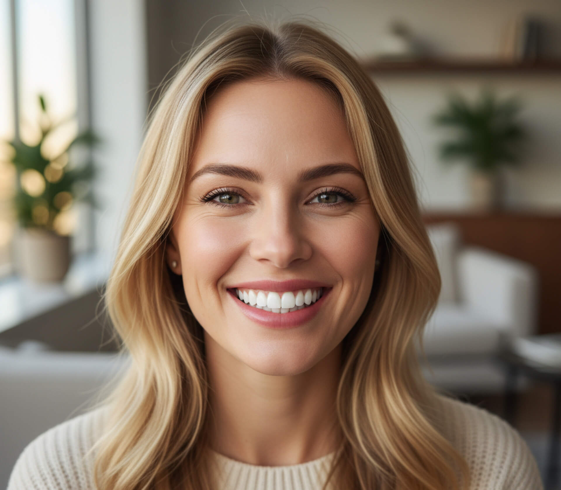 Smiling woman with straight, white teeth showcasing the results of porcelain veneers in a modern dental office setting.