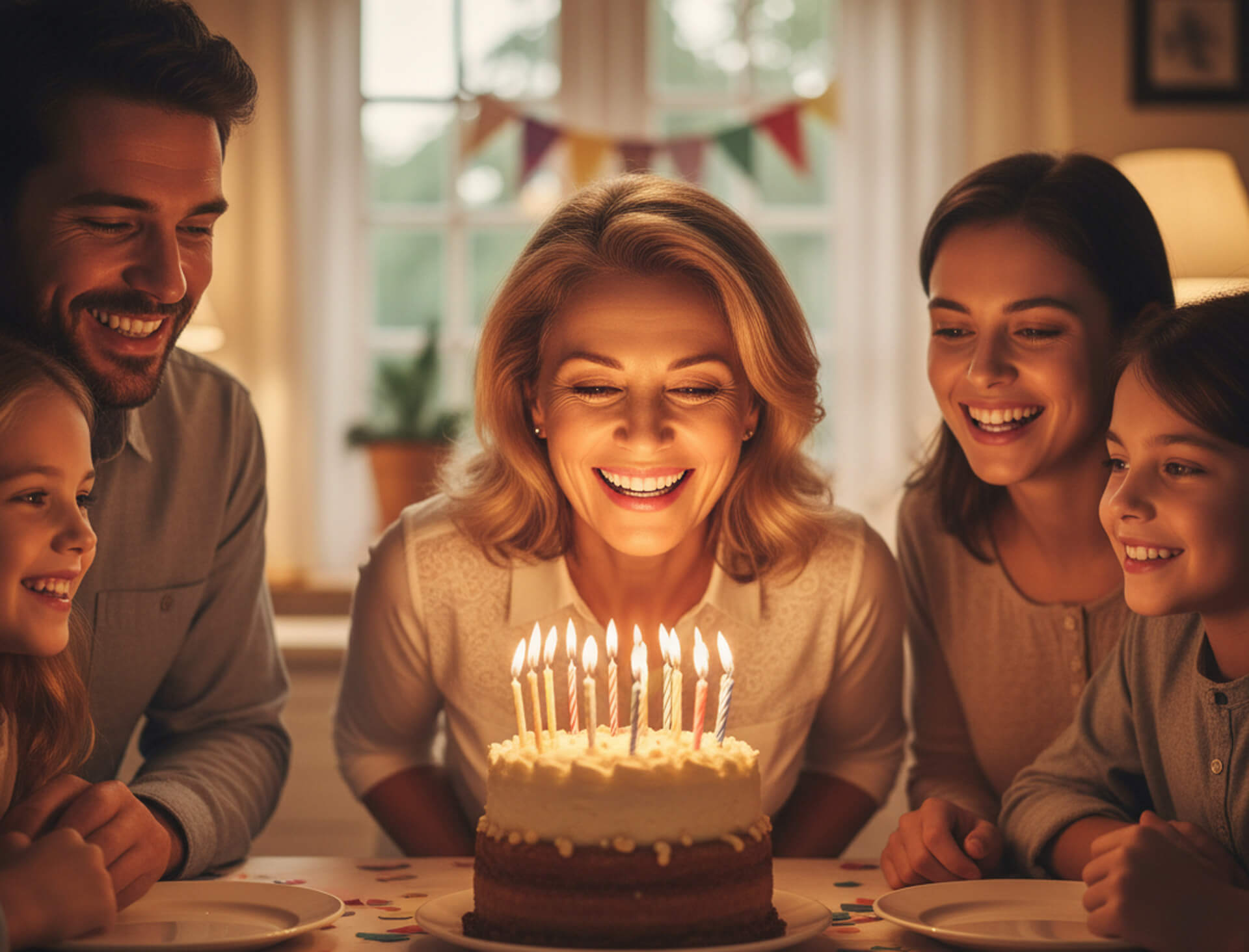 Family celebrating a birthday with a woman smiling at a cake adorned with candles, surrounded by loved ones in a warm, festive setting.