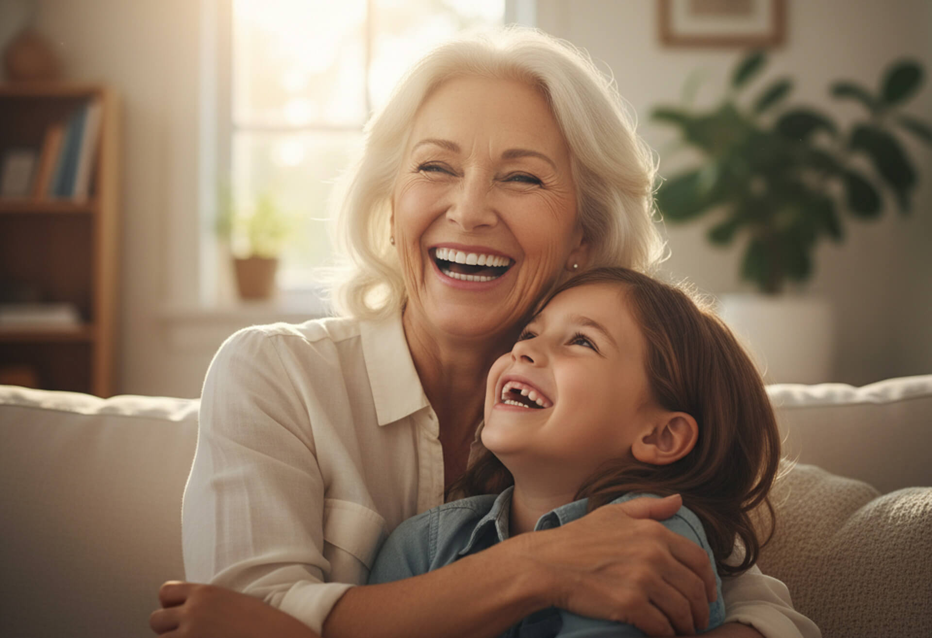 Smiling grandmother and child embracing on a couch, showcasing joy and connection, representing the confidence and happiness restored by All-On-X dental implants at M.Y. Family Dentistry in West Chester, PA.