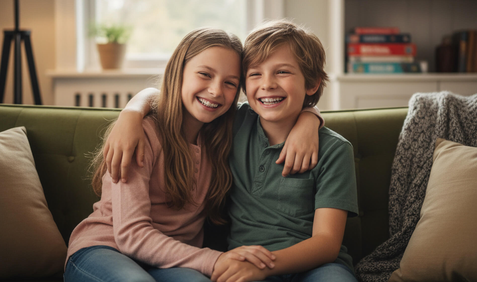 Children smiling and sitting together on a couch, showcasing healthy smiles, representing the positive impact of Clear Aligners for orthodontic treatment.