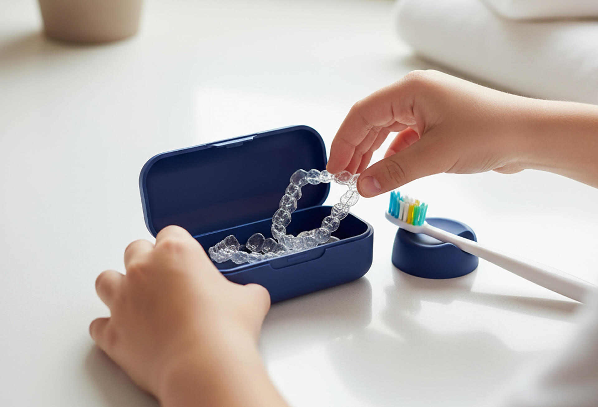 Person's hand retrieving clear aligners from a blue storage case, with a toothbrush nearby, emphasizing the cleaning and maintenance of clear aligners for orthodontic treatment.