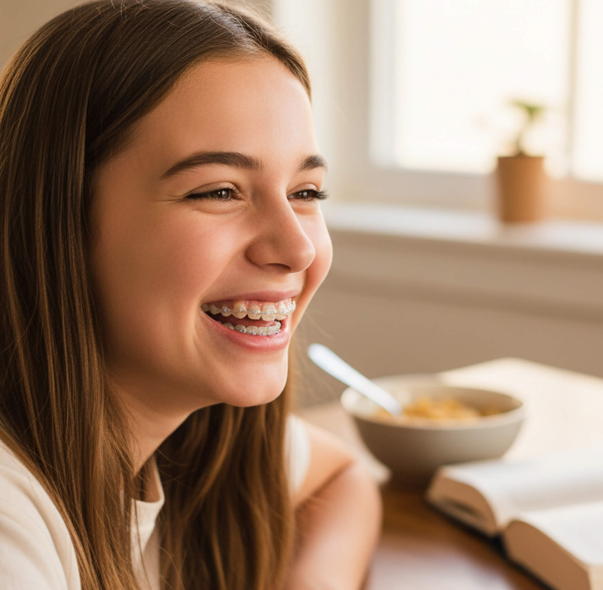 Smiling young girl with braces, showcasing a healthy smile, seated at a table with a bowl of cereal, emphasizing dental care and confidence in teeth alignment.