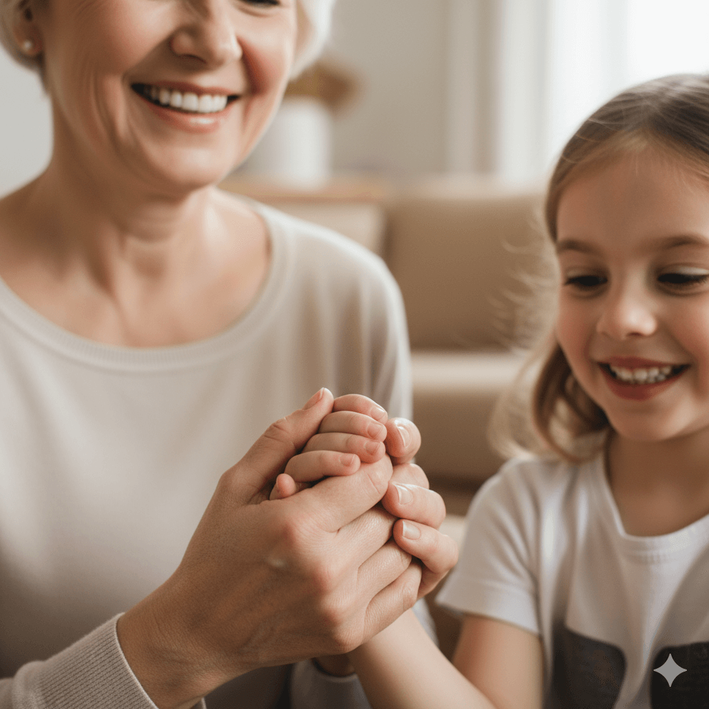 Smiling grandmother and young girl holding hands, showcasing family connection and joy, relevant to personalized cosmetic dentistry services for all ages.