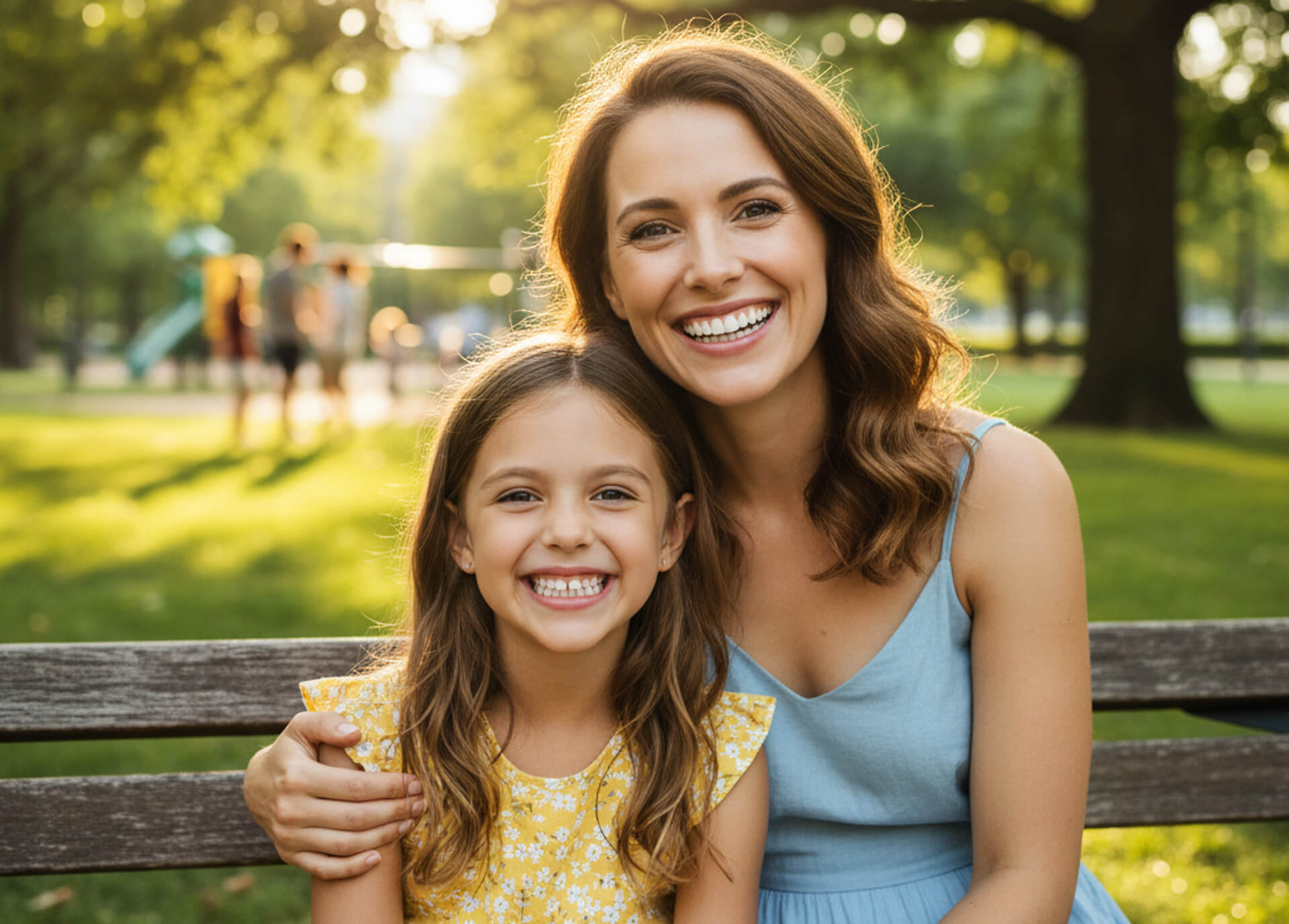 Smiling mother and daughter sitting on a bench in a park, promoting family-friendly dental care and the importance of dental cleanings for children in West Chester, PA.