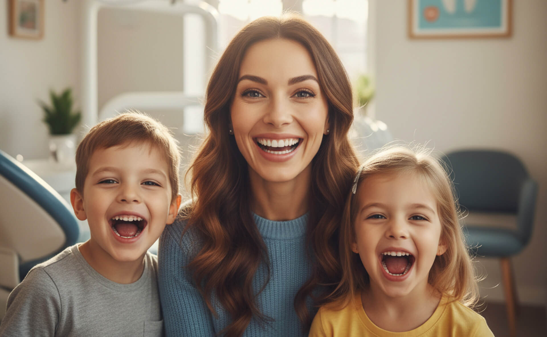 Smiling woman with two children in a dental office, showcasing healthy smiles and a welcoming atmosphere for dental fillings.