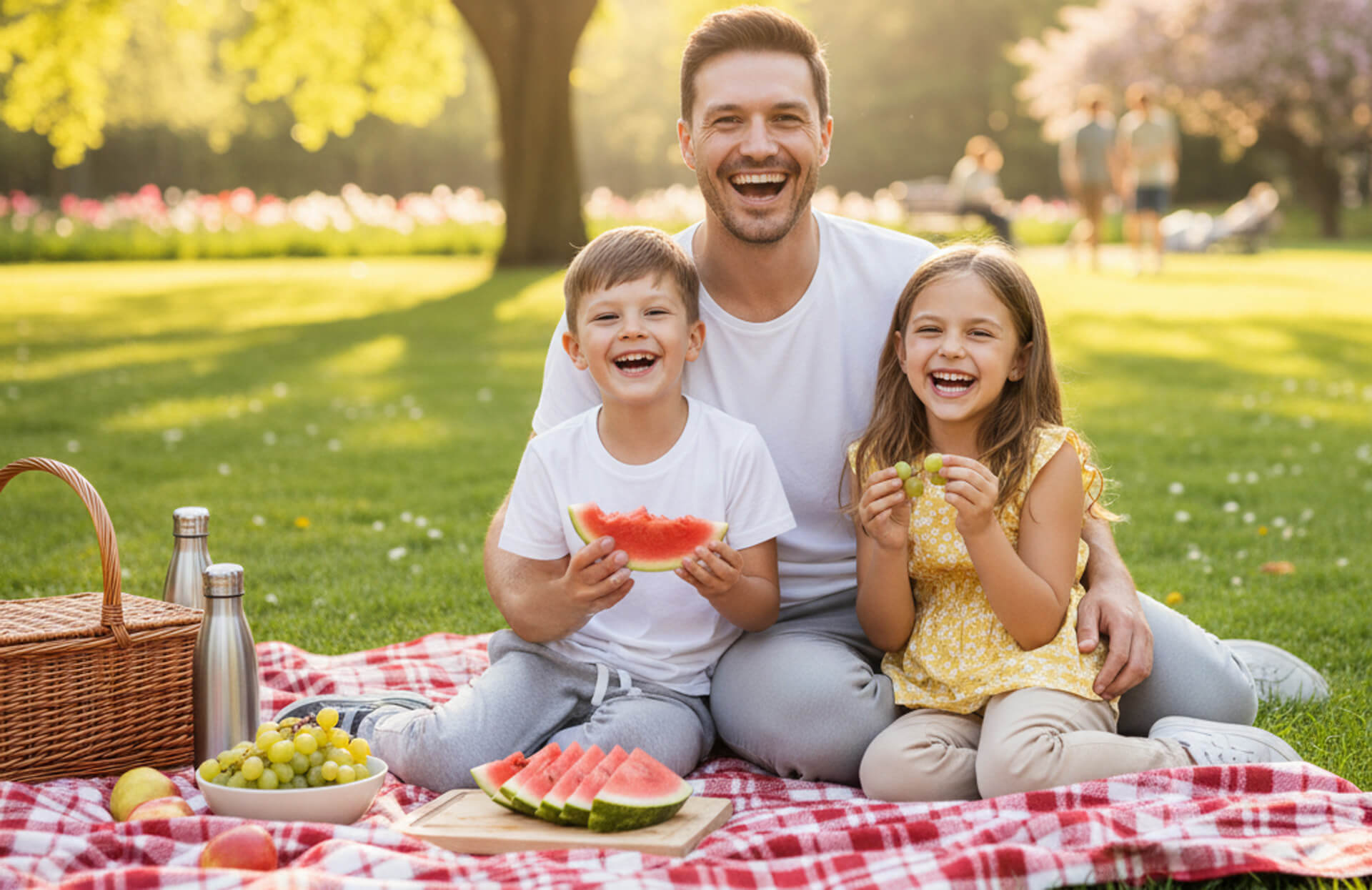 Father and two children enjoying a picnic on a red checkered blanket, smiling while holding slices of watermelon and grapes in a sunny park setting.