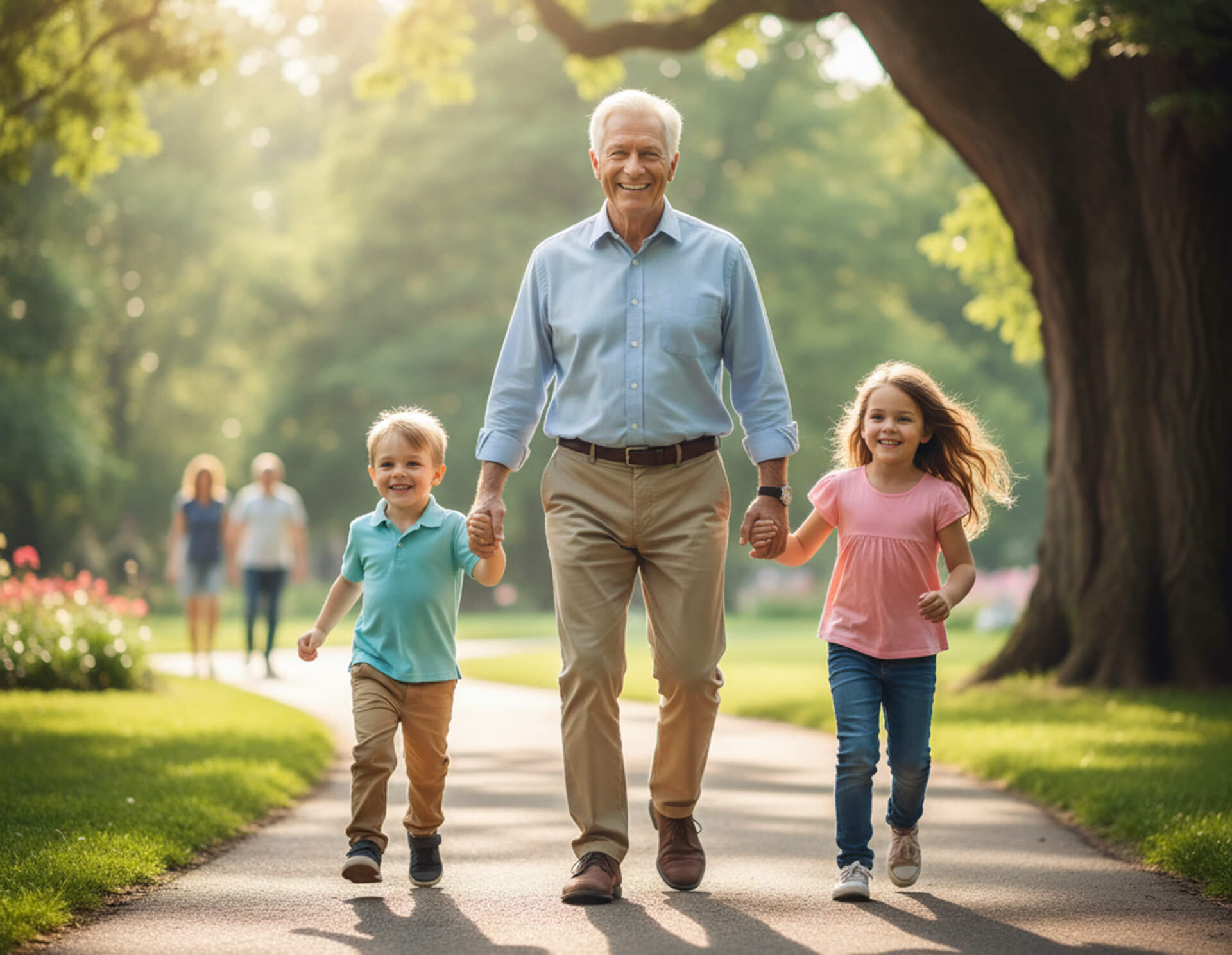 Grandfather walking hand-in-hand with smiling grandchildren in a park, surrounded by greenery and flowers, depicting family bonding and happiness.