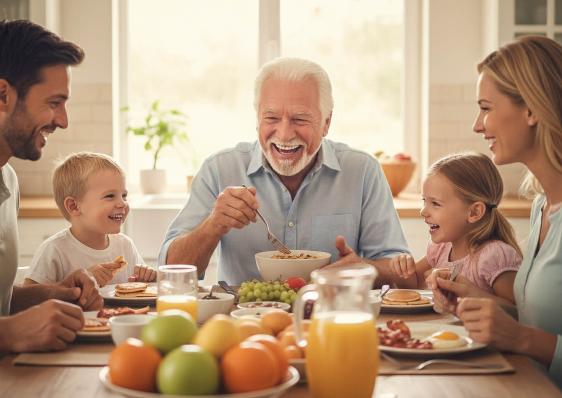 Elderly man enjoying breakfast with family, smiling and laughing, surrounded by a variety of food including fruits, pancakes, and juice, emphasizing a joyful family gathering.