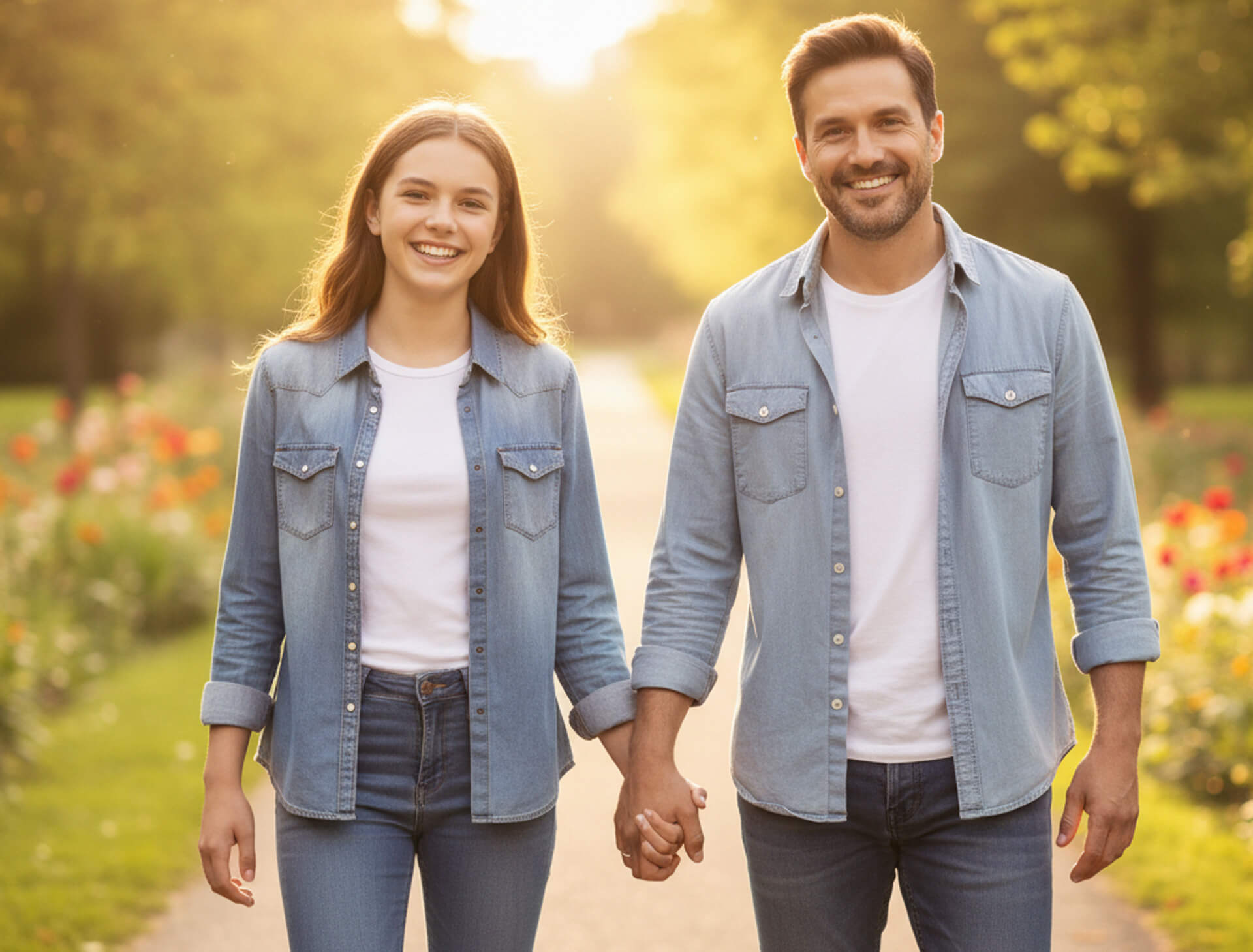 Smiling father and daughter walking hand-in-hand in a sunlit park, embodying a supportive family atmosphere, relevant to emergency dental care and compassionate service at MY Family Dentistry in West Chester, PA.