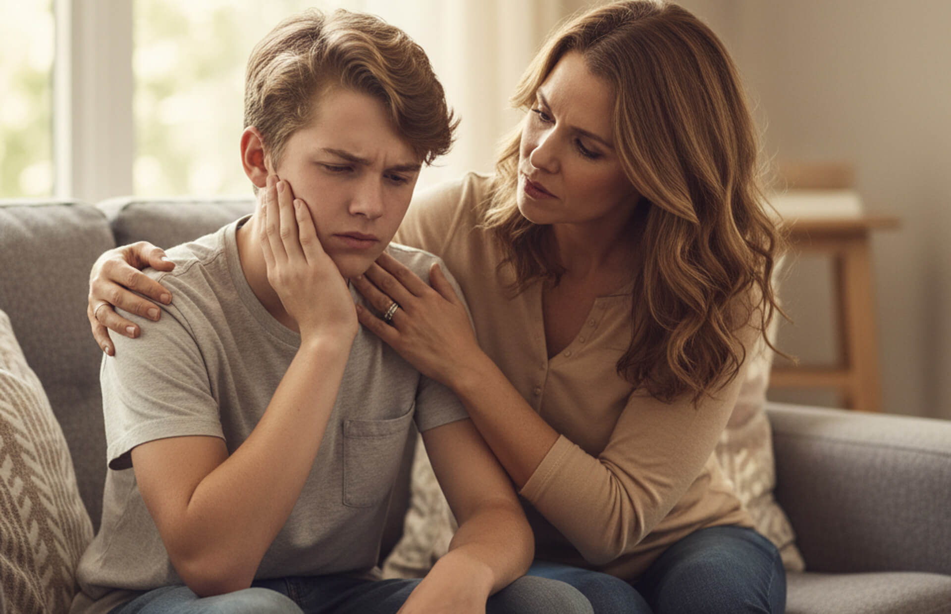 Mother comforting son with tooth pain in a cozy living room, emphasizing the importance of emergency dental treatment for oral health.