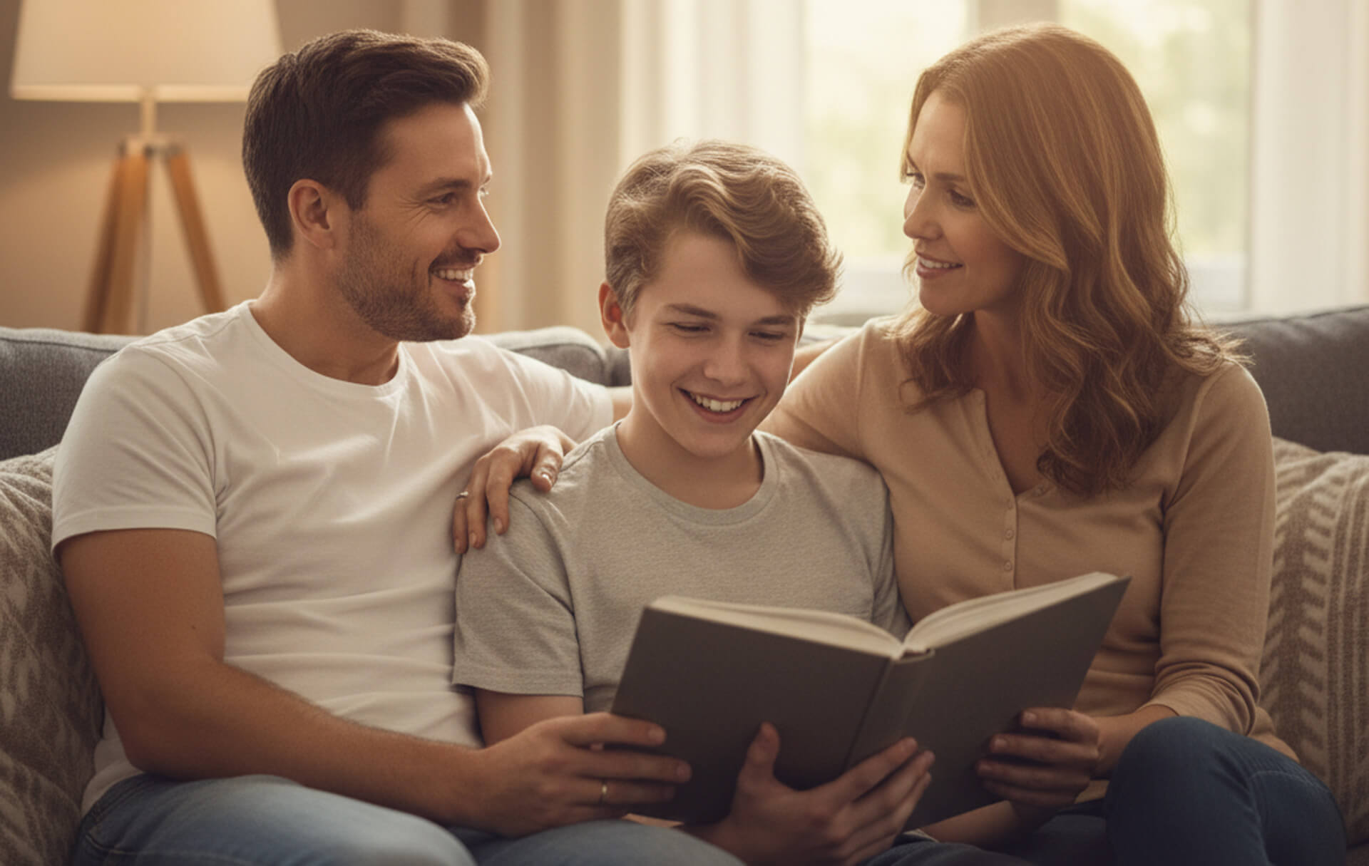 Family enjoying quality time together, reading a book on a cozy sofa, emphasizing a supportive and caring environment.
