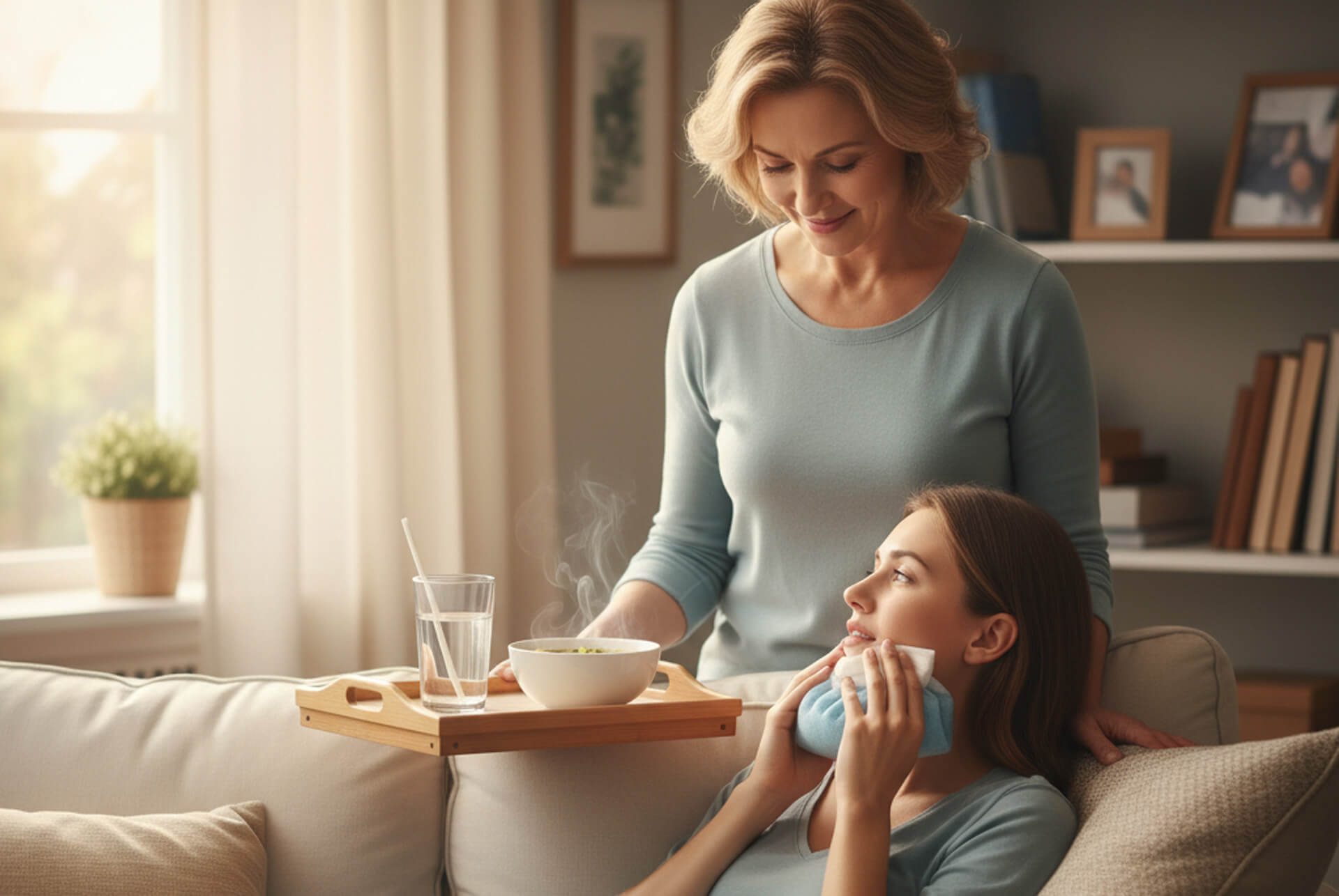 Woman caring for another woman with a cold compress on her jaw, serving soup and water, in a cozy living room setting, emphasizing post-extraction recovery and comfort.