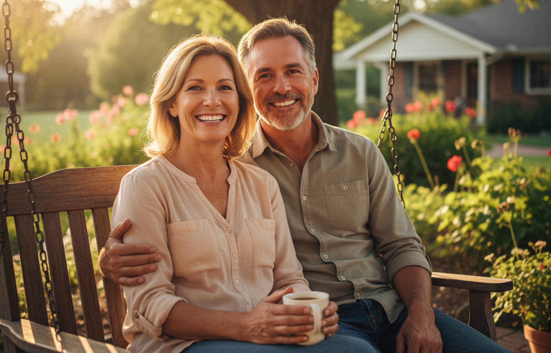 Couple sitting on a swing in a garden, smiling and enjoying each other's company, with flowers and a house in the background, representing comfort and family-friendly care at MY Family Dental in West Chester, PA.