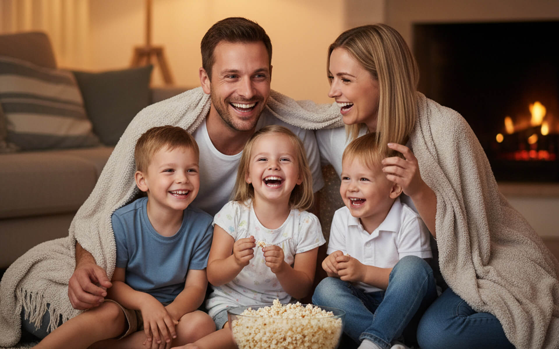 Family enjoying a cozy movie night together, smiling and sharing popcorn, reflecting a warm and friendly atmosphere, emphasizing family bonding and care.
