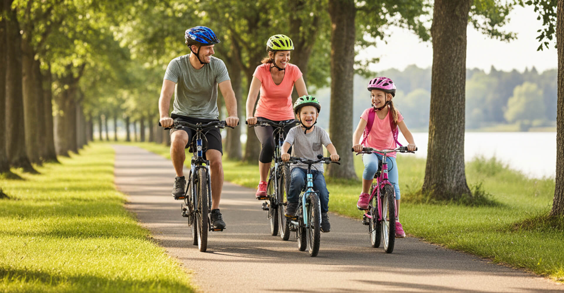Family riding bicycles together on a tree-lined path, enjoying outdoor activity and promoting healthy lifestyles.