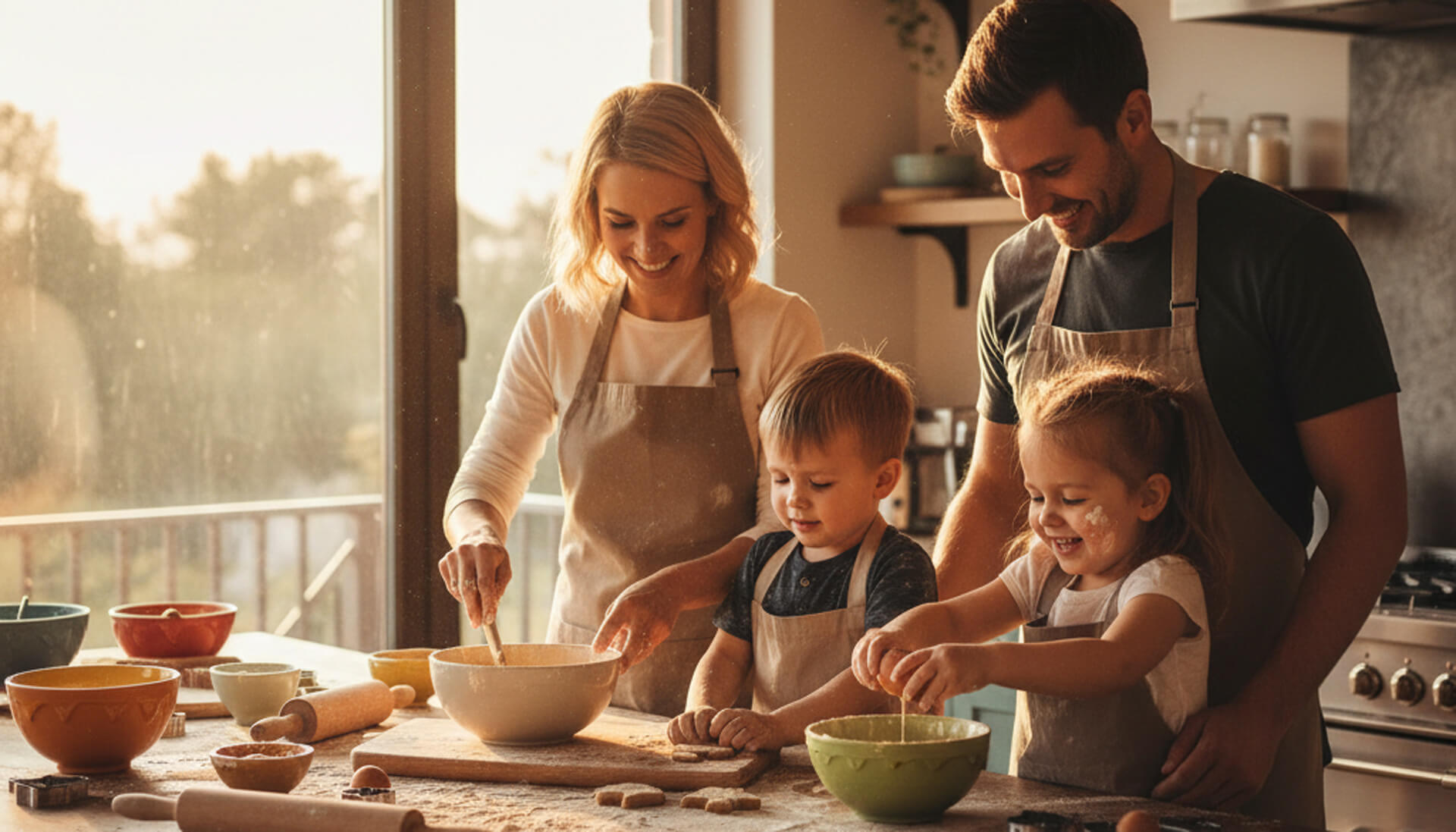 Family cooking together in a bright kitchen, preparing dough with smiles, emphasizing family bonding and healthy habits.