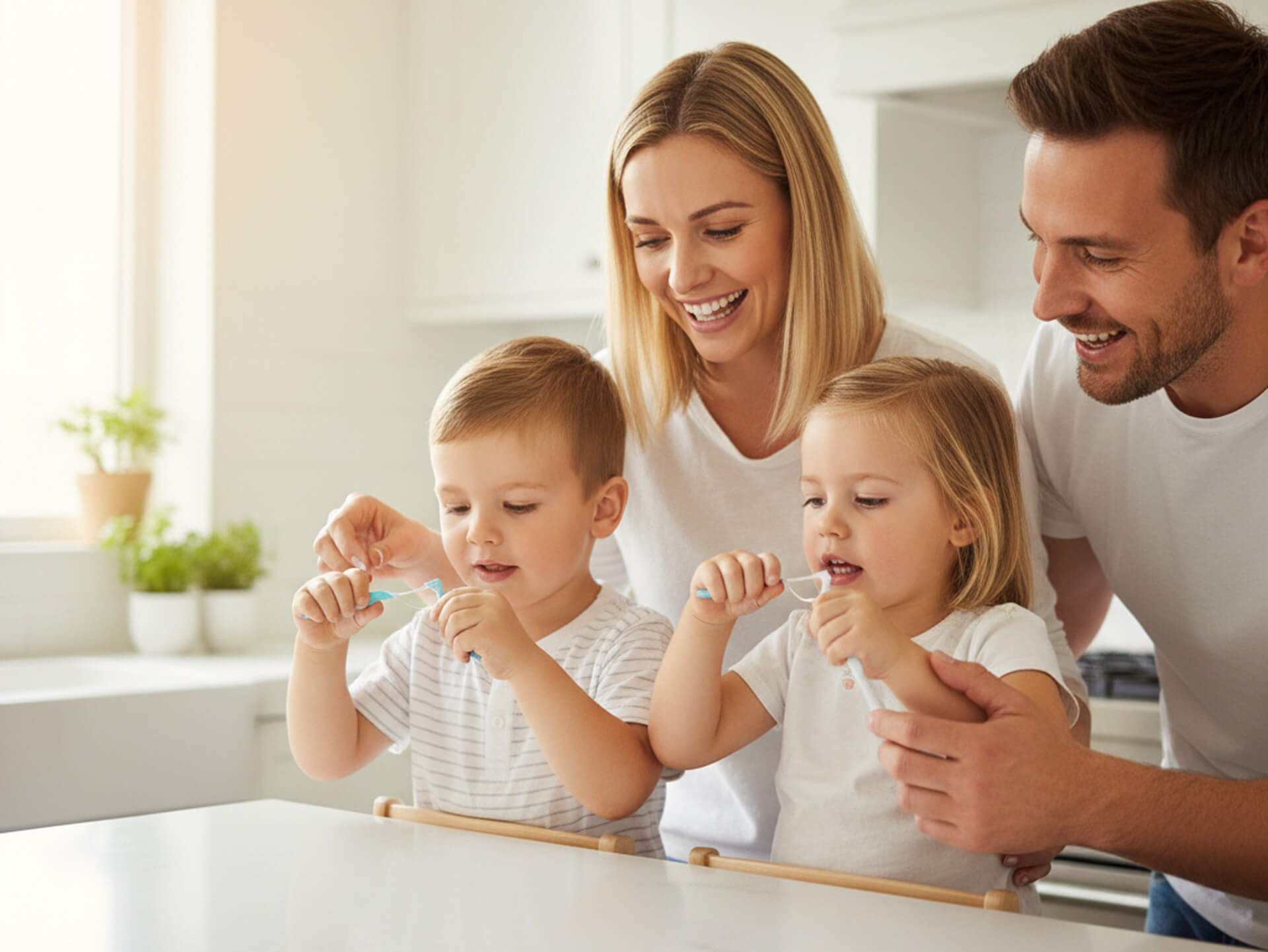 Family brushing teeth together, promoting healthy dental habits for children, emphasizing the importance of fluoride treatment in oral care.