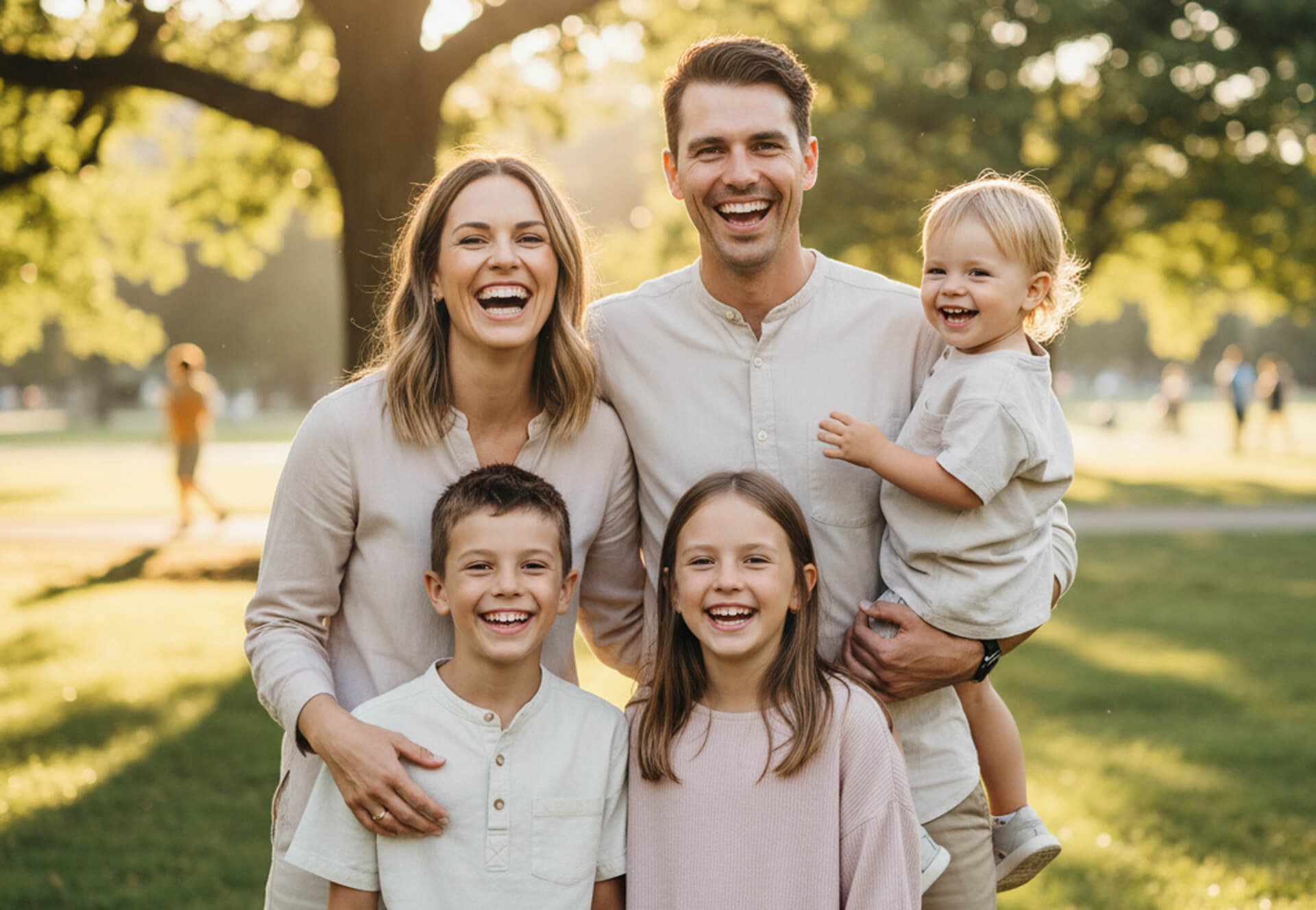 Family of five smiling together in a park, showcasing joy and connection, relevant to M.Y. Family Dentistry's focus on compassionate care and community engagement.