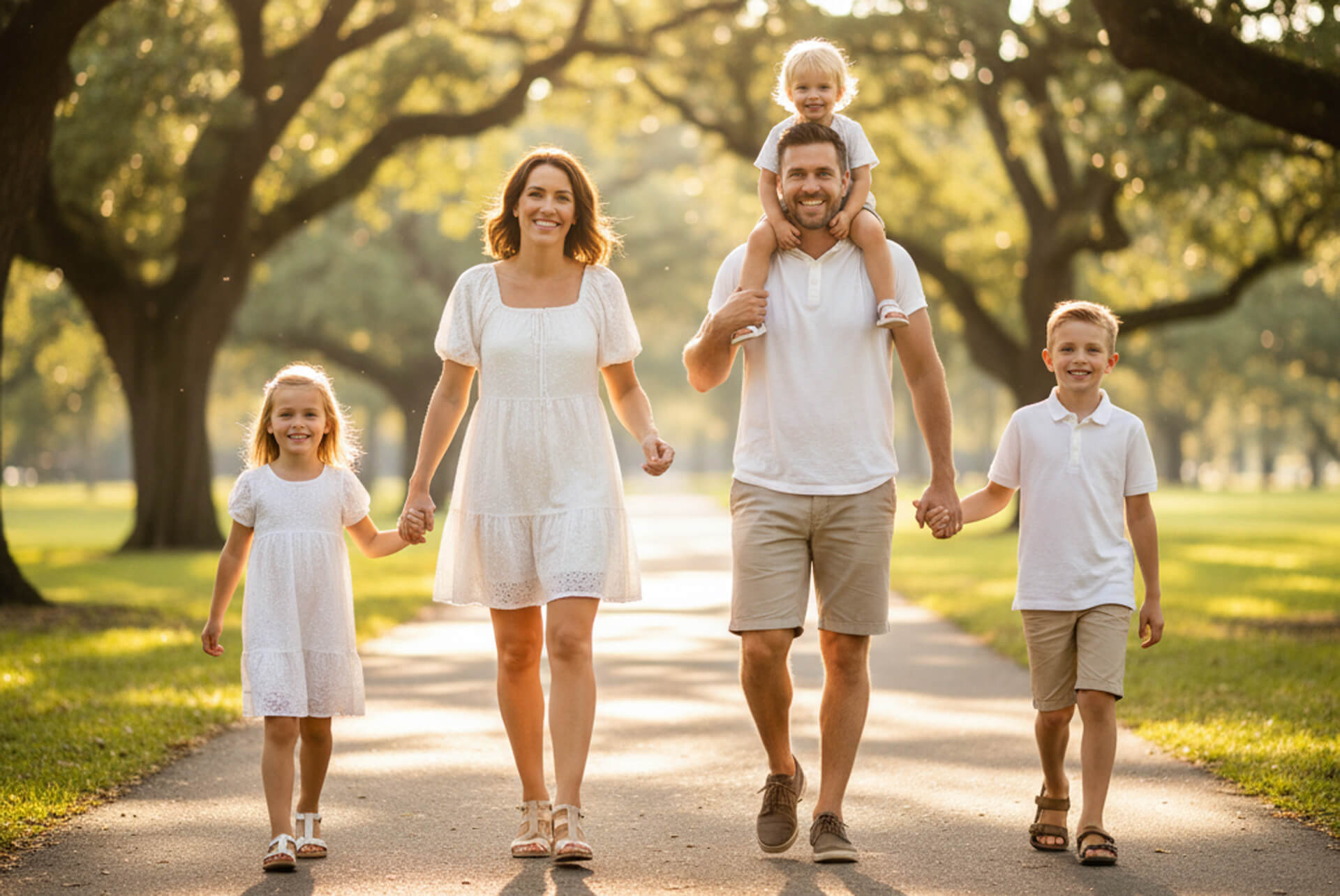 Family walking together in a park, smiling and enjoying time outdoors, highlighting the importance of family bonding and togetherness.