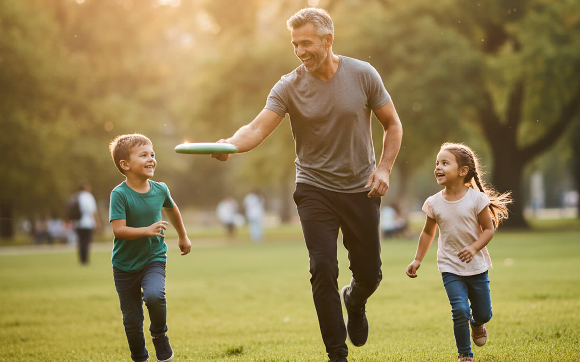 Man playing frisbee with children in a park, showcasing family bonding and outdoor activity.