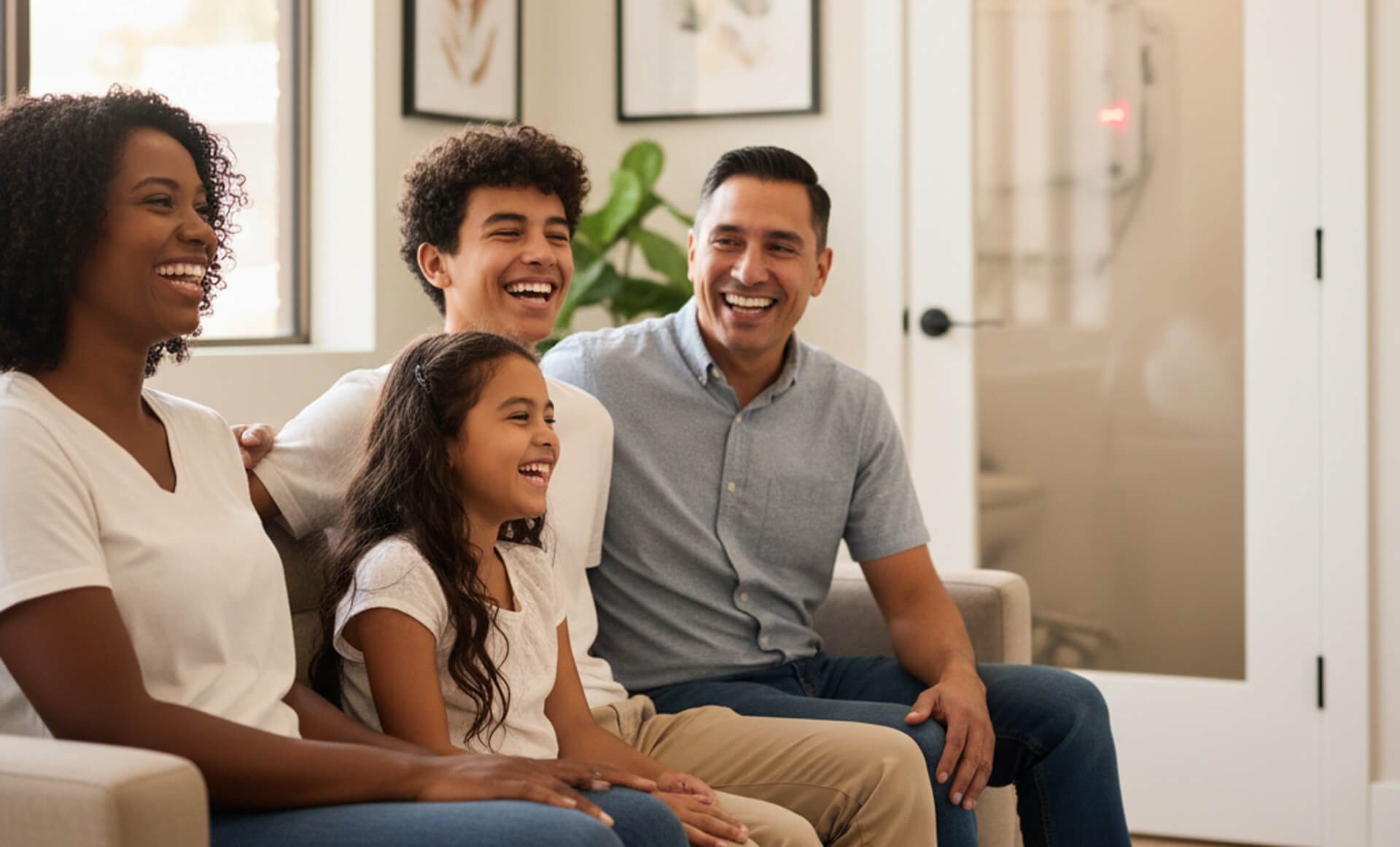 Family smiling together in a cozy living room, representing the welcoming atmosphere of MY Family Dental in West Chester, PA, promoting comfort and care in dental services.