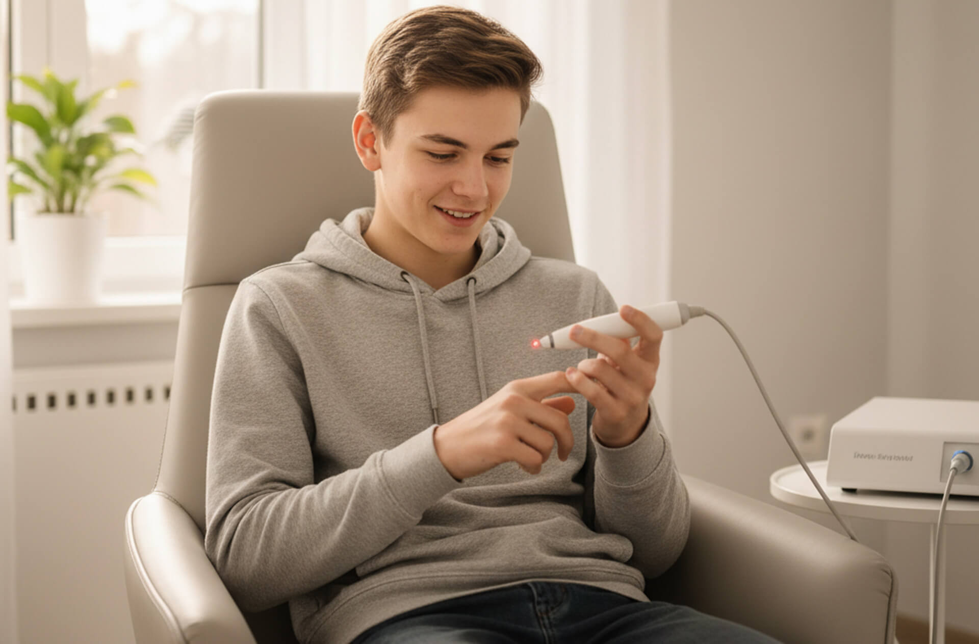 Teenage boy using a dental laser device in a modern dental office, highlighting the comfort and precision of laser dentistry.