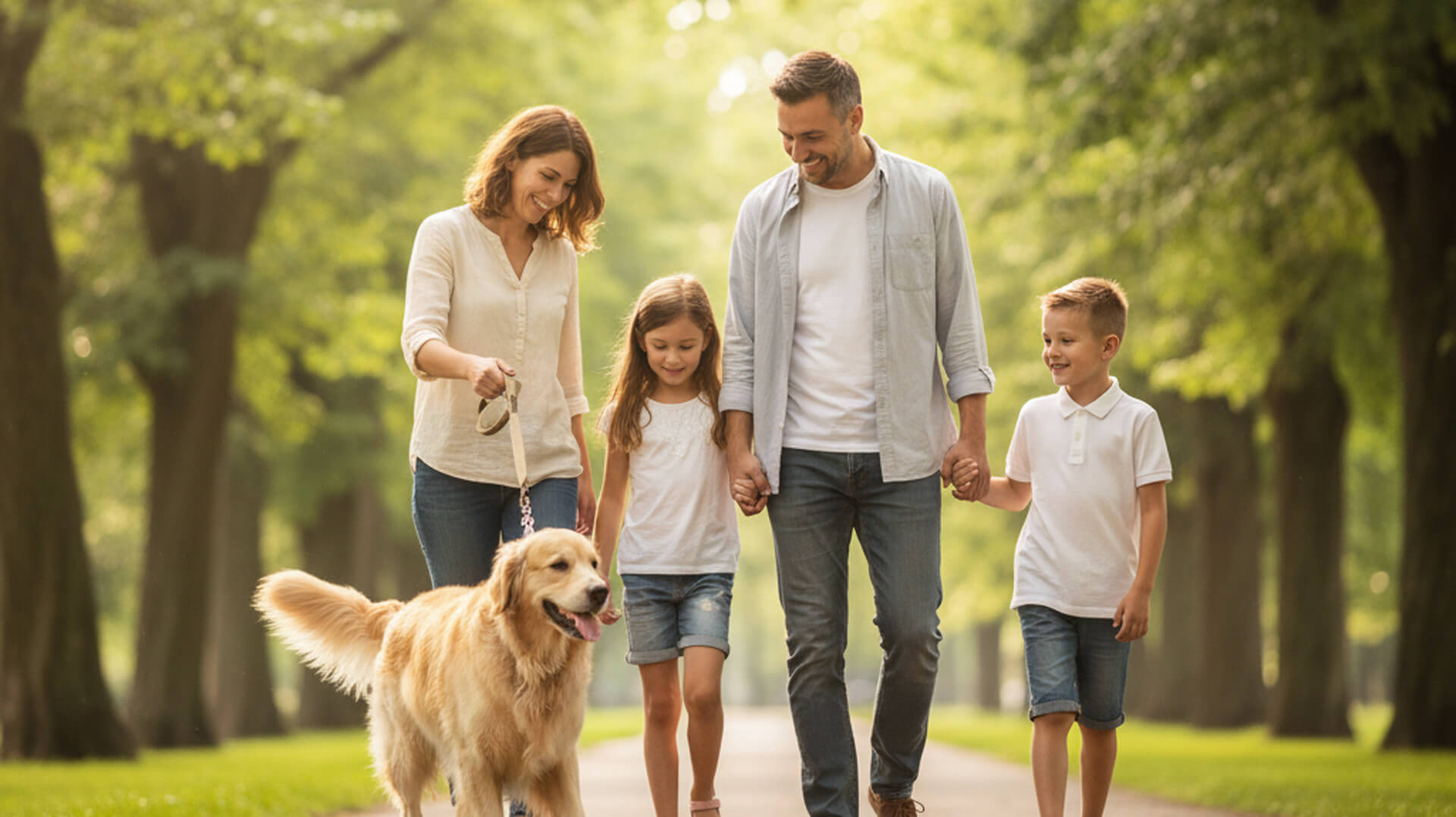 Golden retriever walking with family in a park during oral cancer screening awareness event, emphasizing health and family care.
