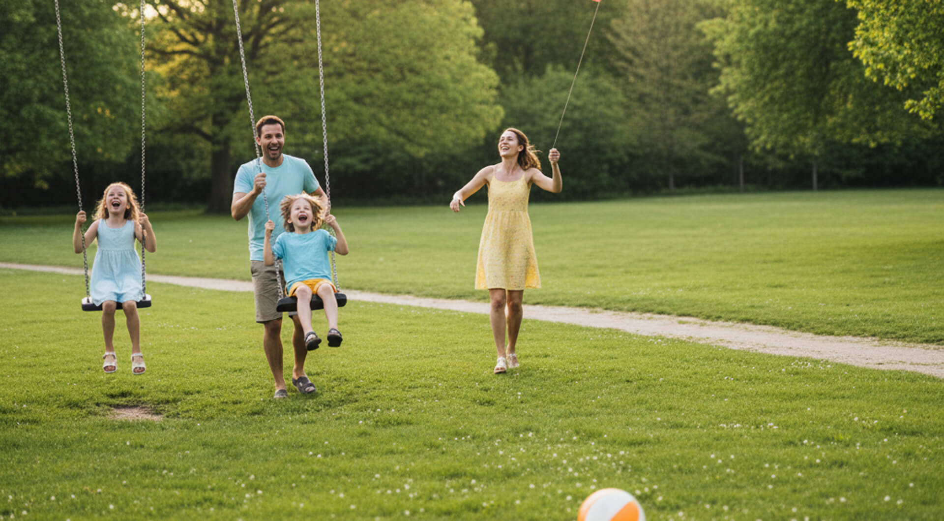 Family enjoying a day at the park, with two children on swings and a woman holding a balloon, emphasizing a joyful and active family lifestyle.
